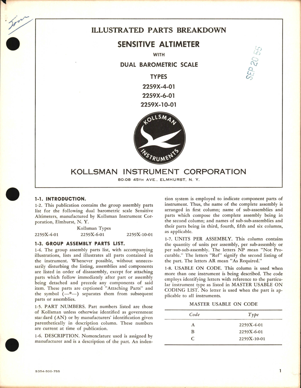 Sample page 1 from AirCorps Library document: Illustrated Parts Breakdown for Kollsman Sensitive Altimeter with Dual Barometric Scale