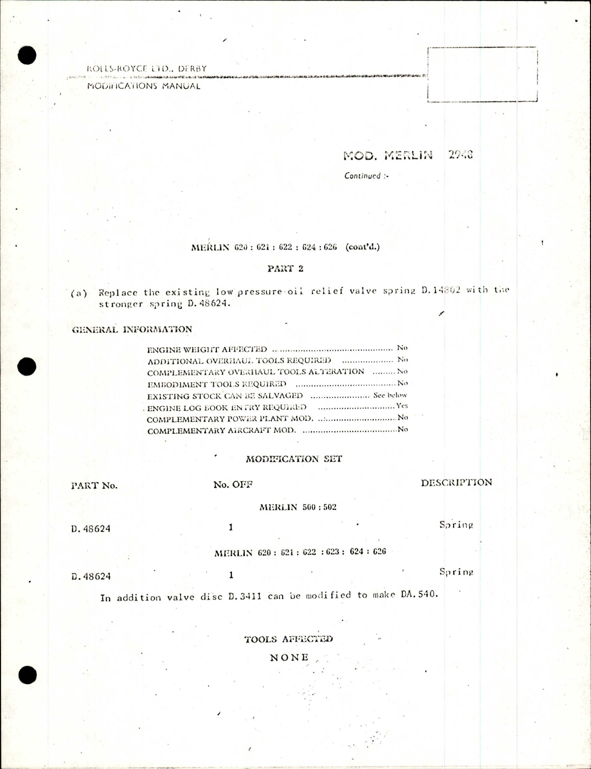 Sample page 2 from AirCorps Library document: Stronger Spring in Low Pressure Oil Relief Valve
