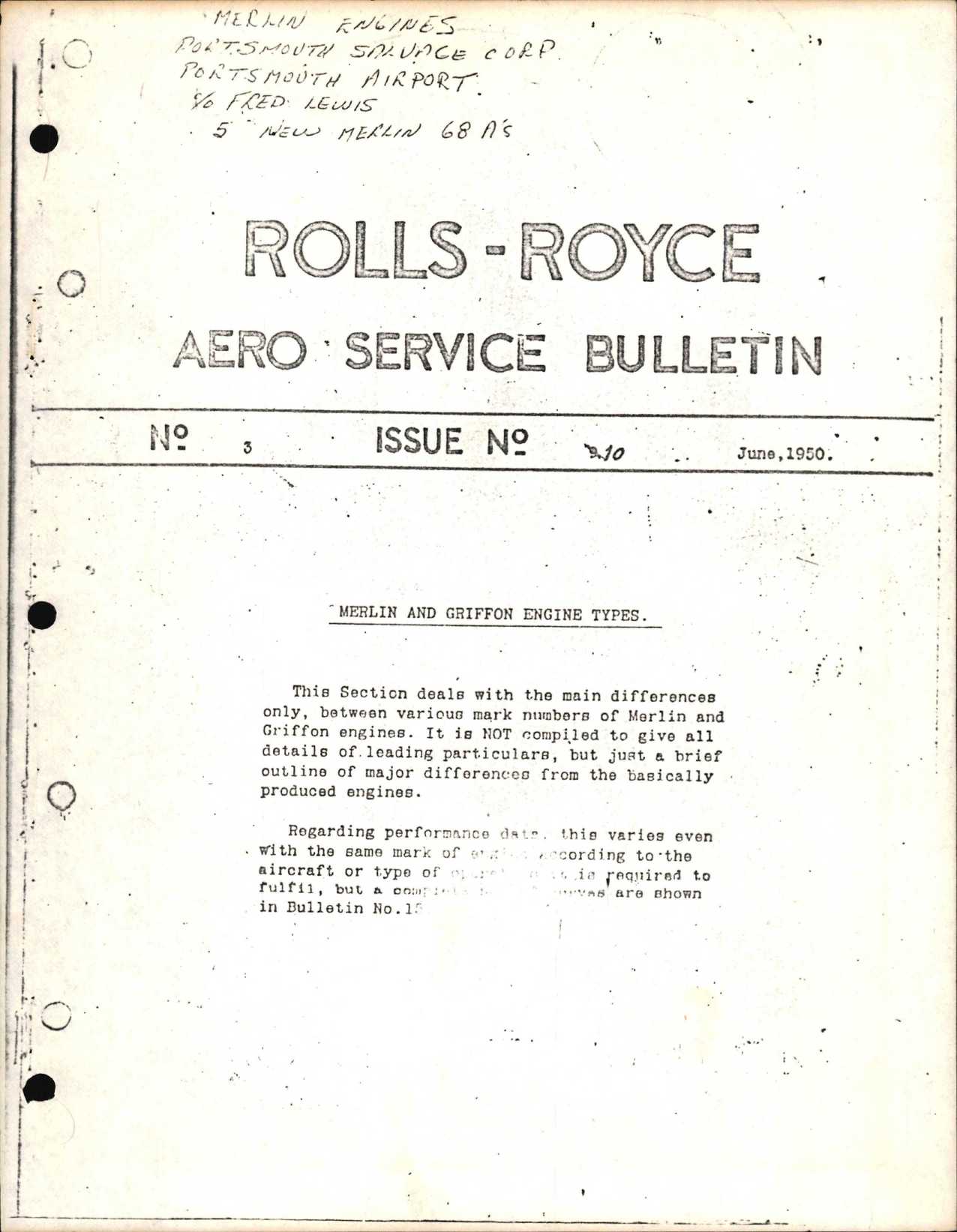 Sample page 1 from AirCorps Library document: Rolls-Royce Aero Service Bulletin - Merlin and Griffon Engine Types