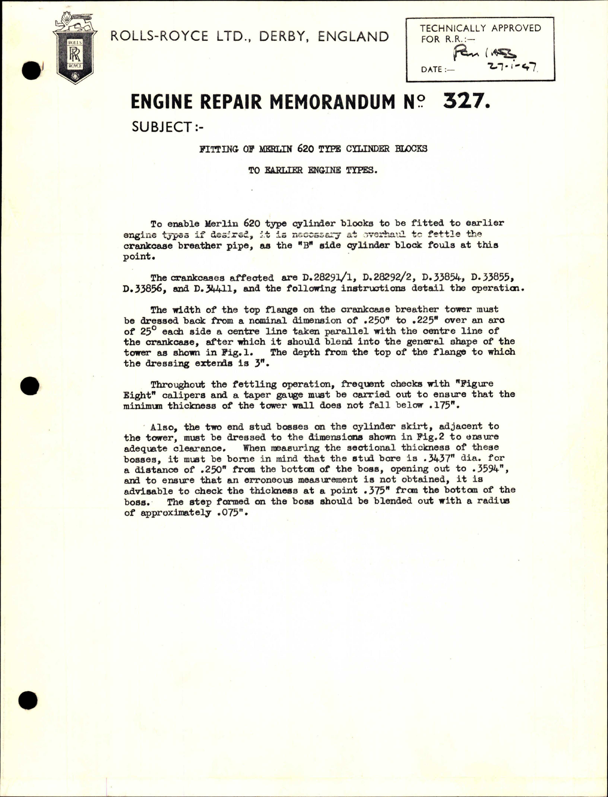 Sample page 1 from AirCorps Library document: Fitting of Merlin 620 Type Cylinder Blocks to Earlier Engine Types