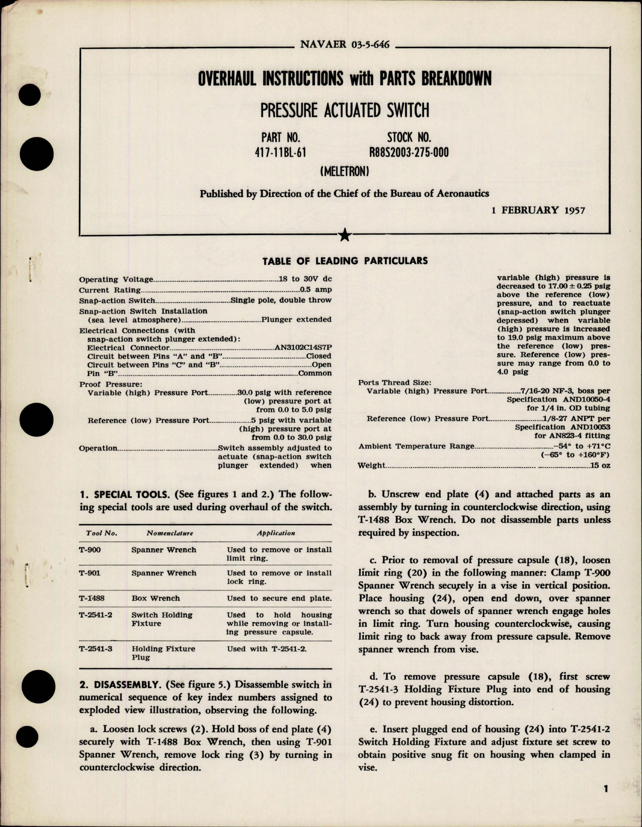 Sample page 1 from AirCorps Library document: Overhaul Instructions with Parts Breakdown for Pressure Actuated Switch - Part 417-11BL-61 