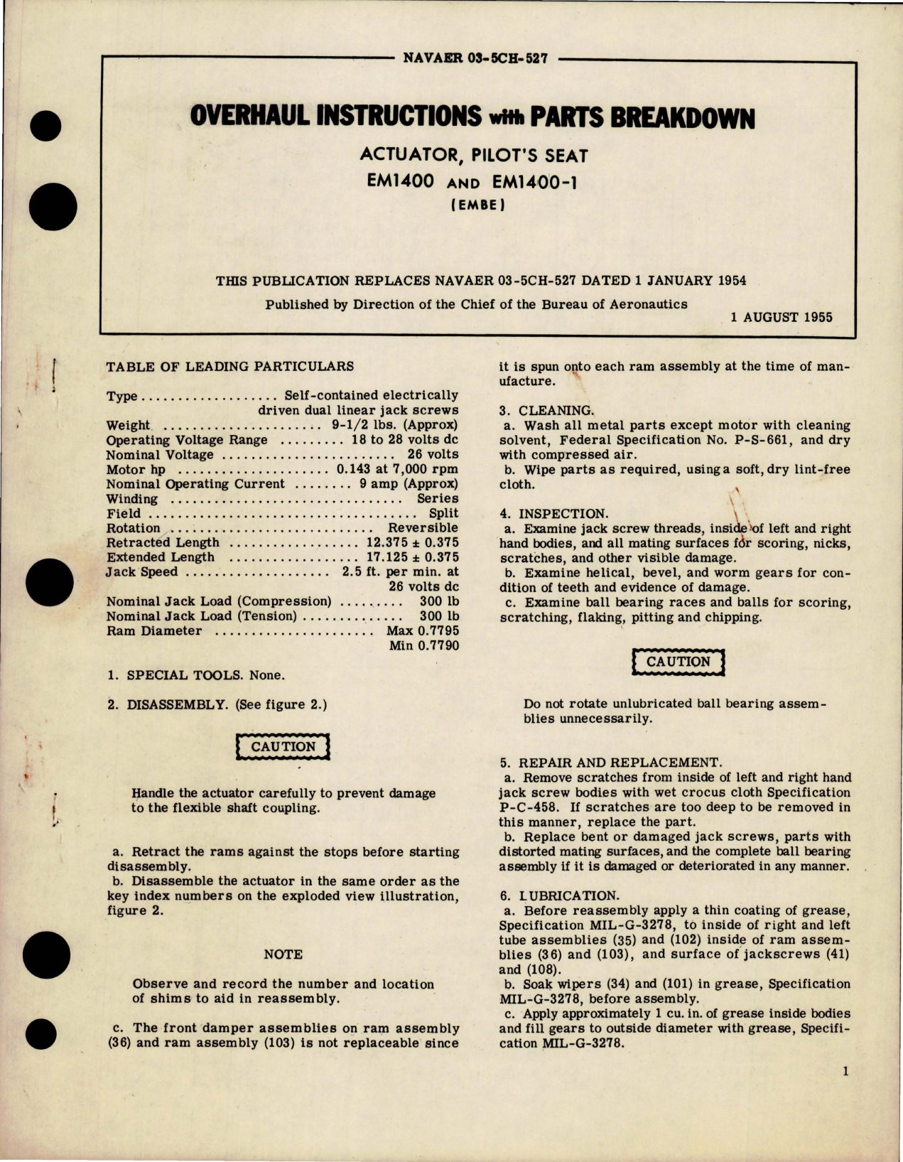 Sample page 1 from AirCorps Library document: Overhaul Instructions with Parts Breakdown for Pilot's Seat Actuator - EM1400 and EM1400-1 