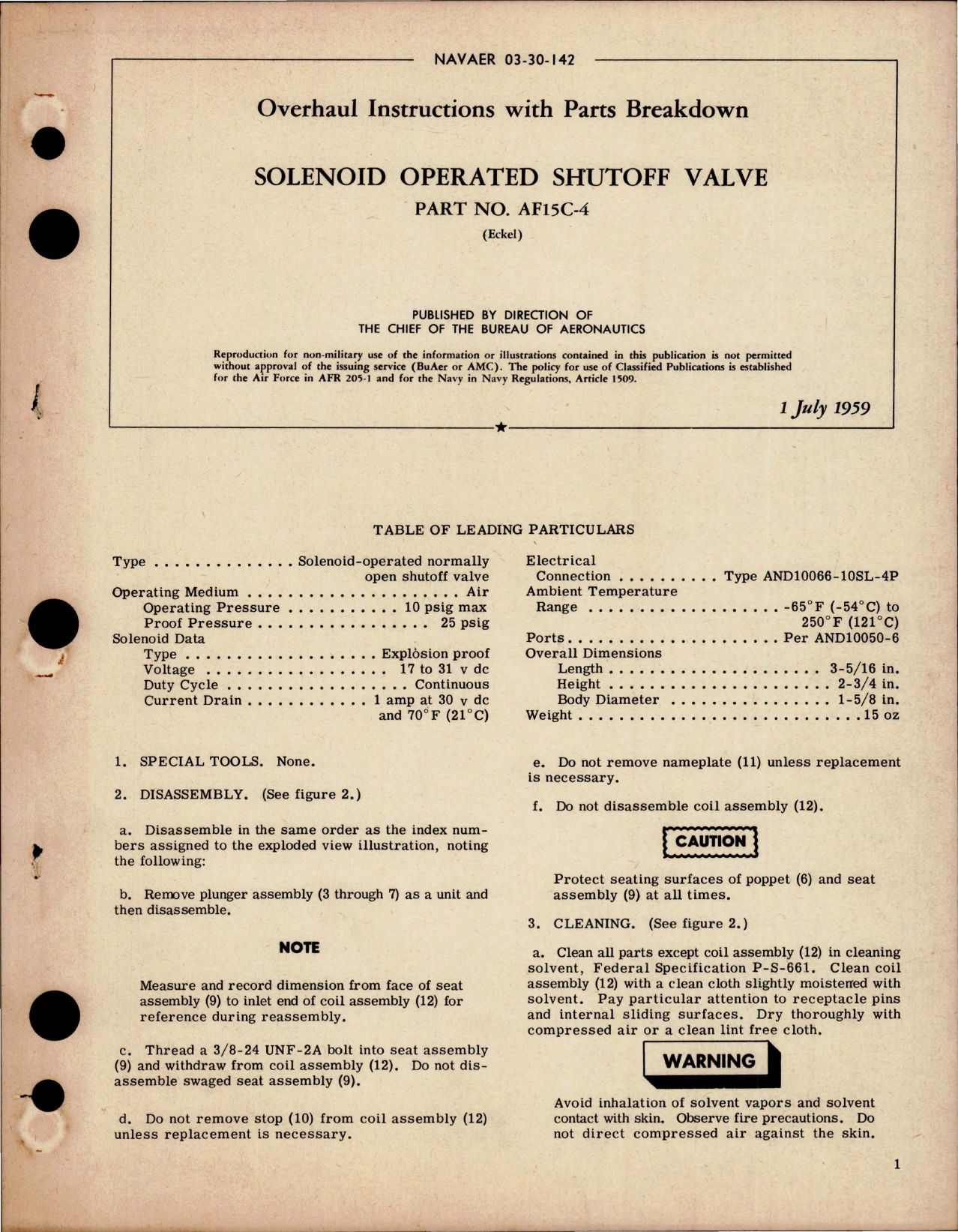 Sample page 1 from AirCorps Library document: Overhaul Instructions with Parts Breakdown for Solenoid Operated Shutoff Valve - Part AF15C-4 