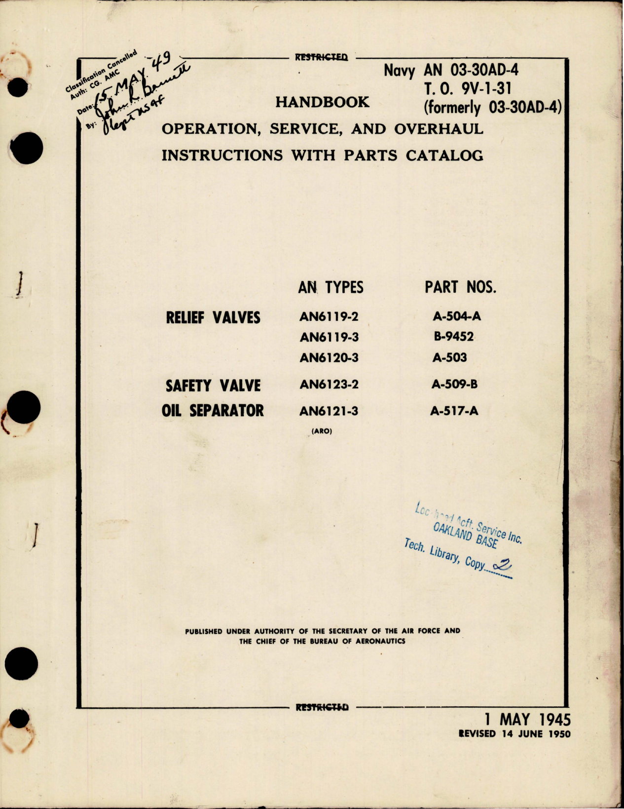 Sample page 1 from AirCorps Library document: Operation, Service, and Overhaul Instructions with Parts for Relief Valves, Safety Valve and Oil Separator 