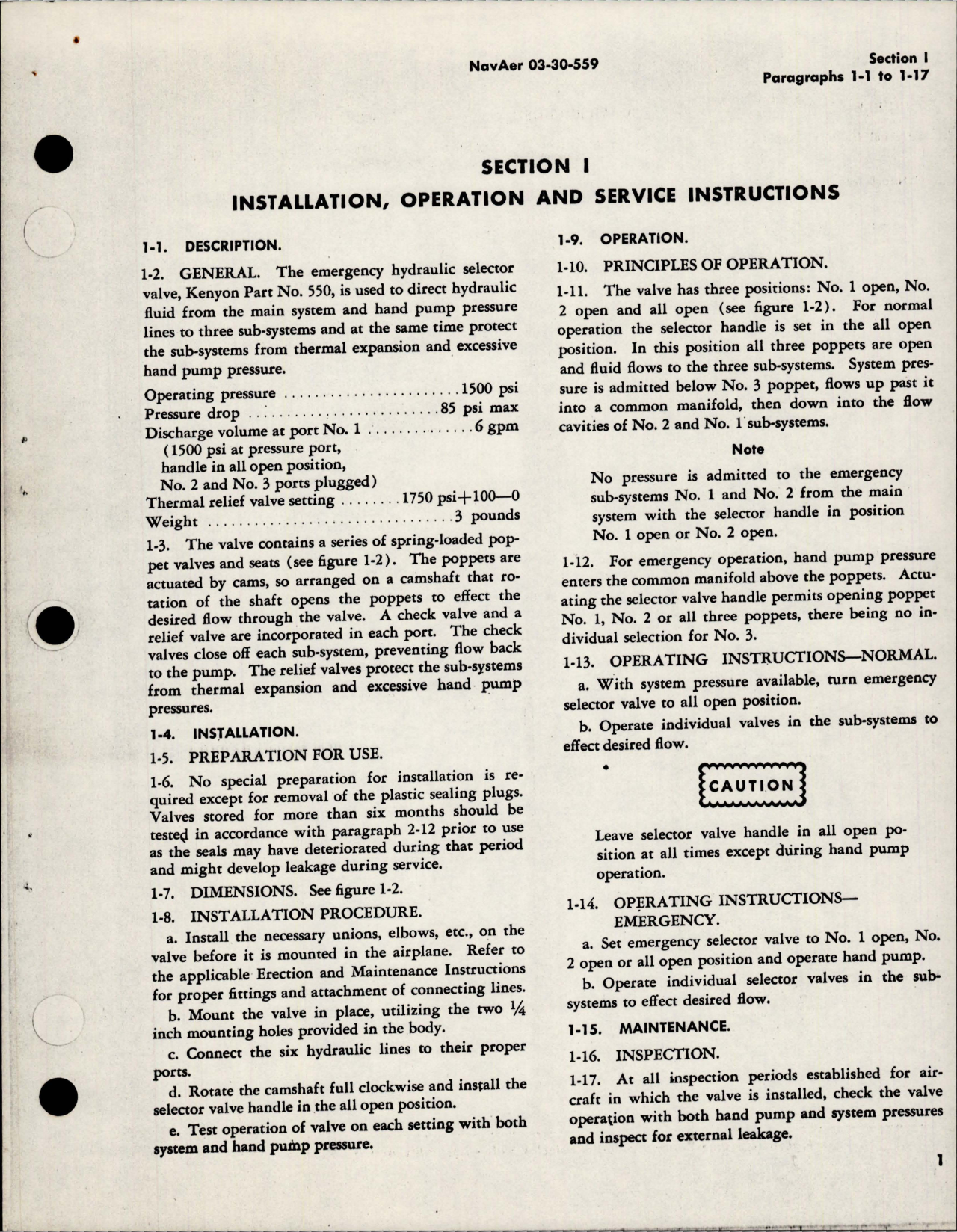 Sample page 5 from AirCorps Library document: Operation, Service and Overhaul Instructions w Parts for Emergency Hydraulic Selector Valve - Model 550