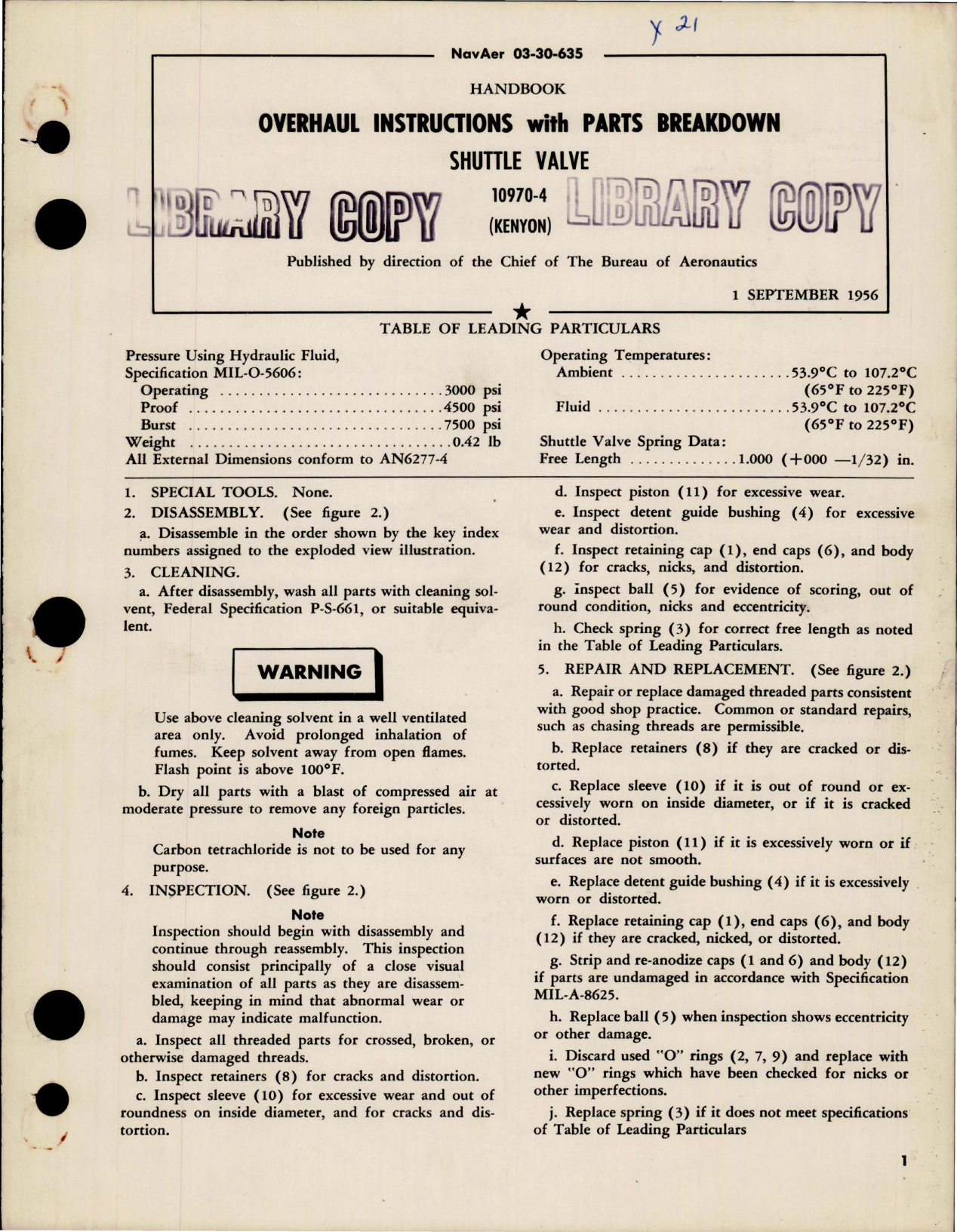 Sample page 1 from AirCorps Library document: Overhaul Instructions with Parts Breakdown for Shuttle Valve - 10970-4