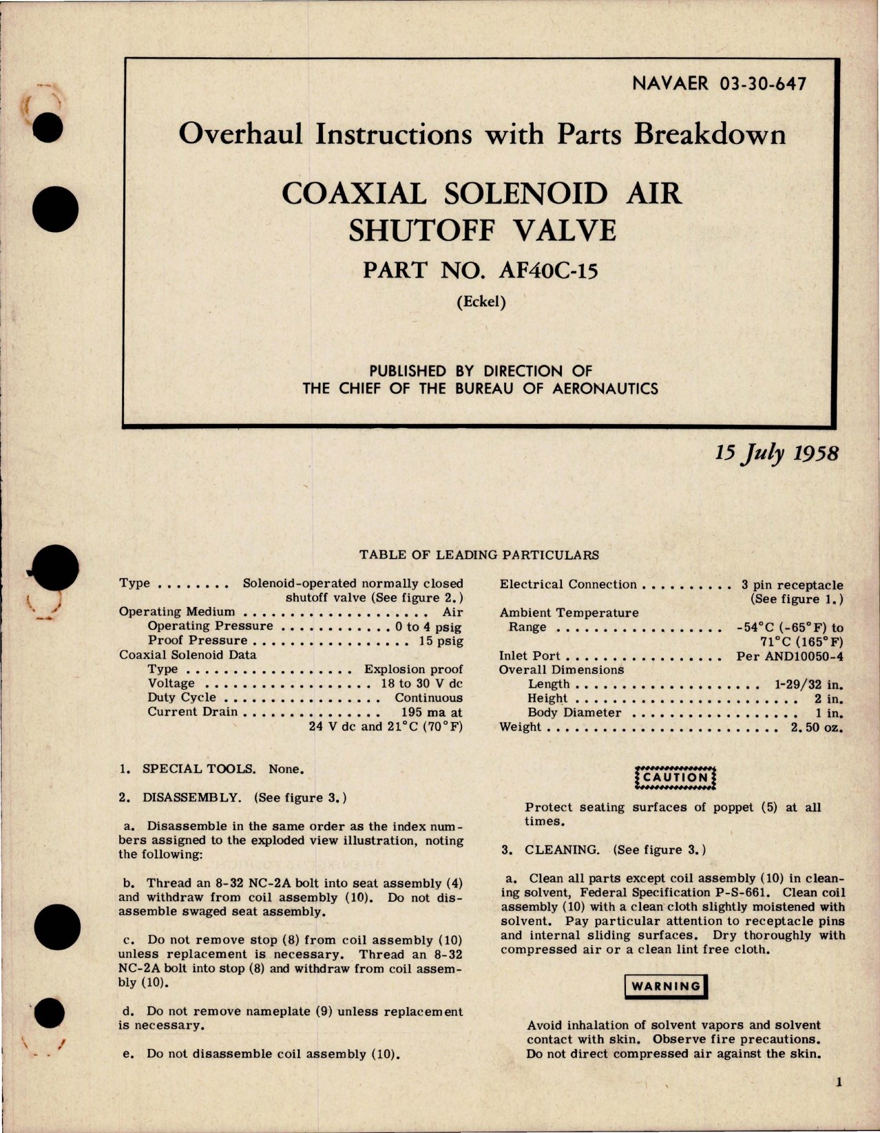 Sample page 1 from AirCorps Library document: Overhaul Instructions with Parts for Coaxial Solenoid Air Shutoff Valve - Part AF40C-15 