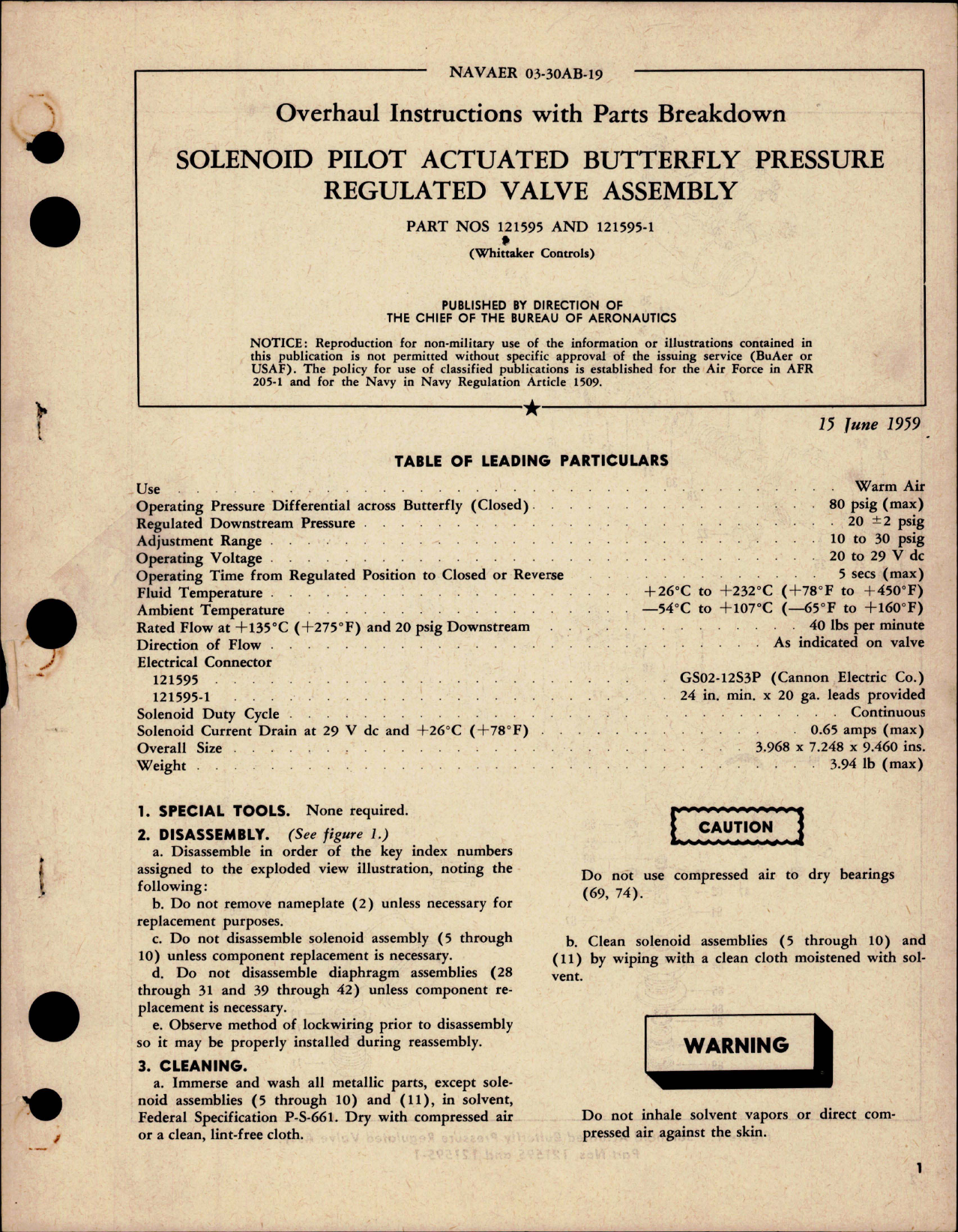 Sample page 1 from AirCorps Library document: Overhaul Instructions with Parts for Solenoid Pilot Actuated Butterfly Pressure Regulated Valve Assembly - Parts 121595 and 121595-1
