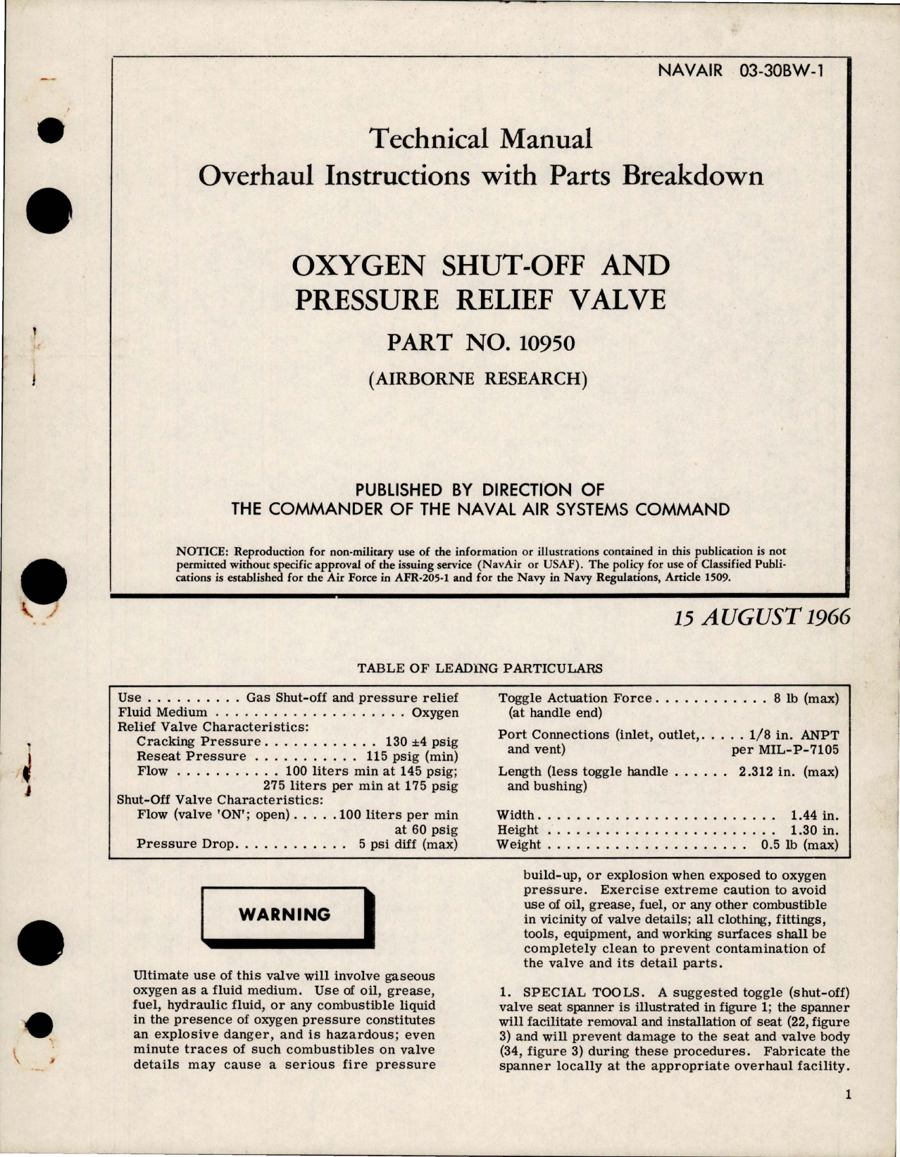Sample page 1 from AirCorps Library document: Overhaul Instructions with Parts for Oxygen Shut-Off and Pressure Relief Valve - Part 10950 