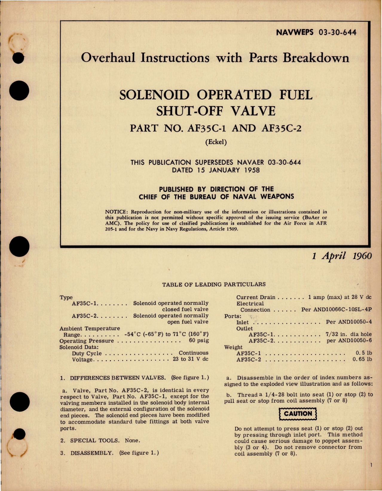 Sample page 1 from AirCorps Library document: Overhaul Instructions with Parts for Solenoid Operated Fuel Shut-Off Valve - Parts AF35C-1 and AF35C-2 