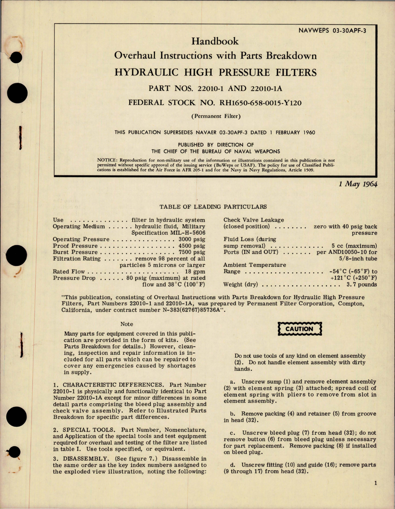 Sample page 1 from AirCorps Library document: Overhaul Instructions with Parts for Hydraulic High Pressure Filters - Parts 22010-1 and 22010-1A 