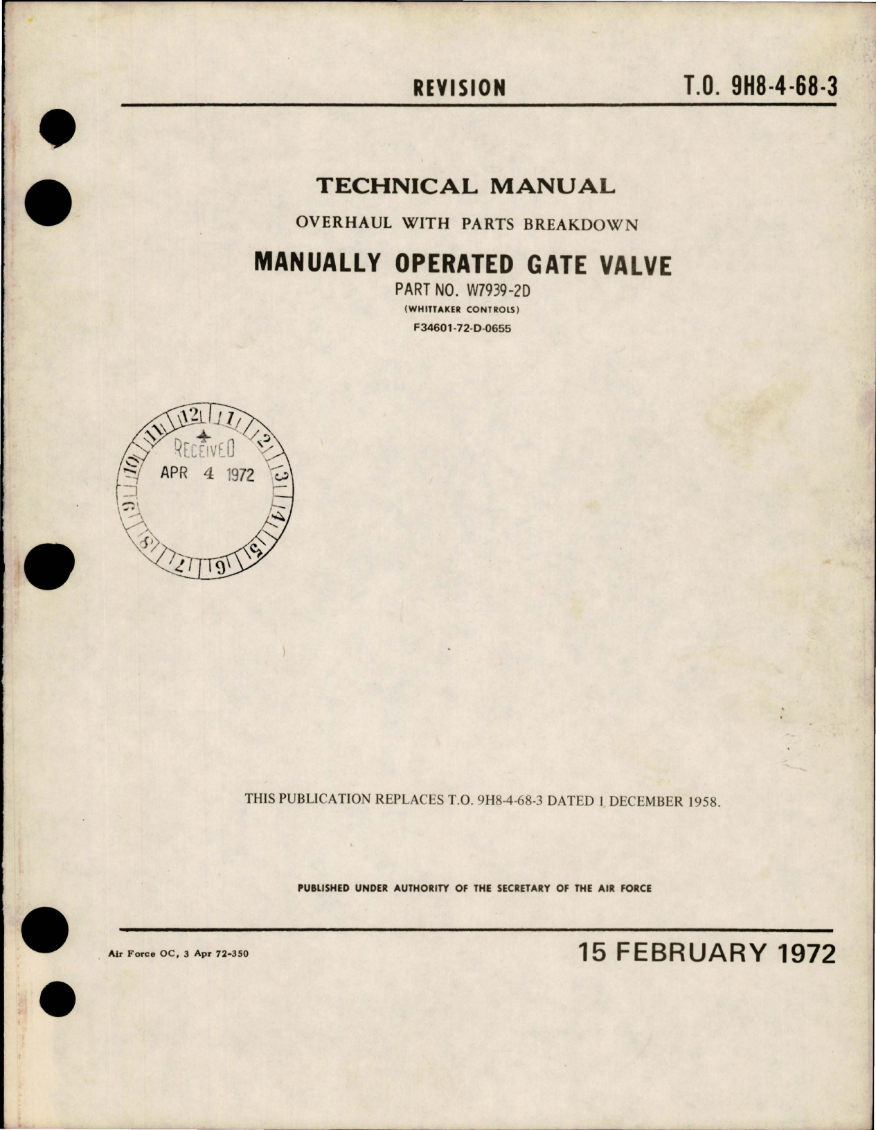 Sample page 1 from AirCorps Library document: Overhaul with Parts Breakdown for Manually Operated Gate Valve - Part W739-2D 