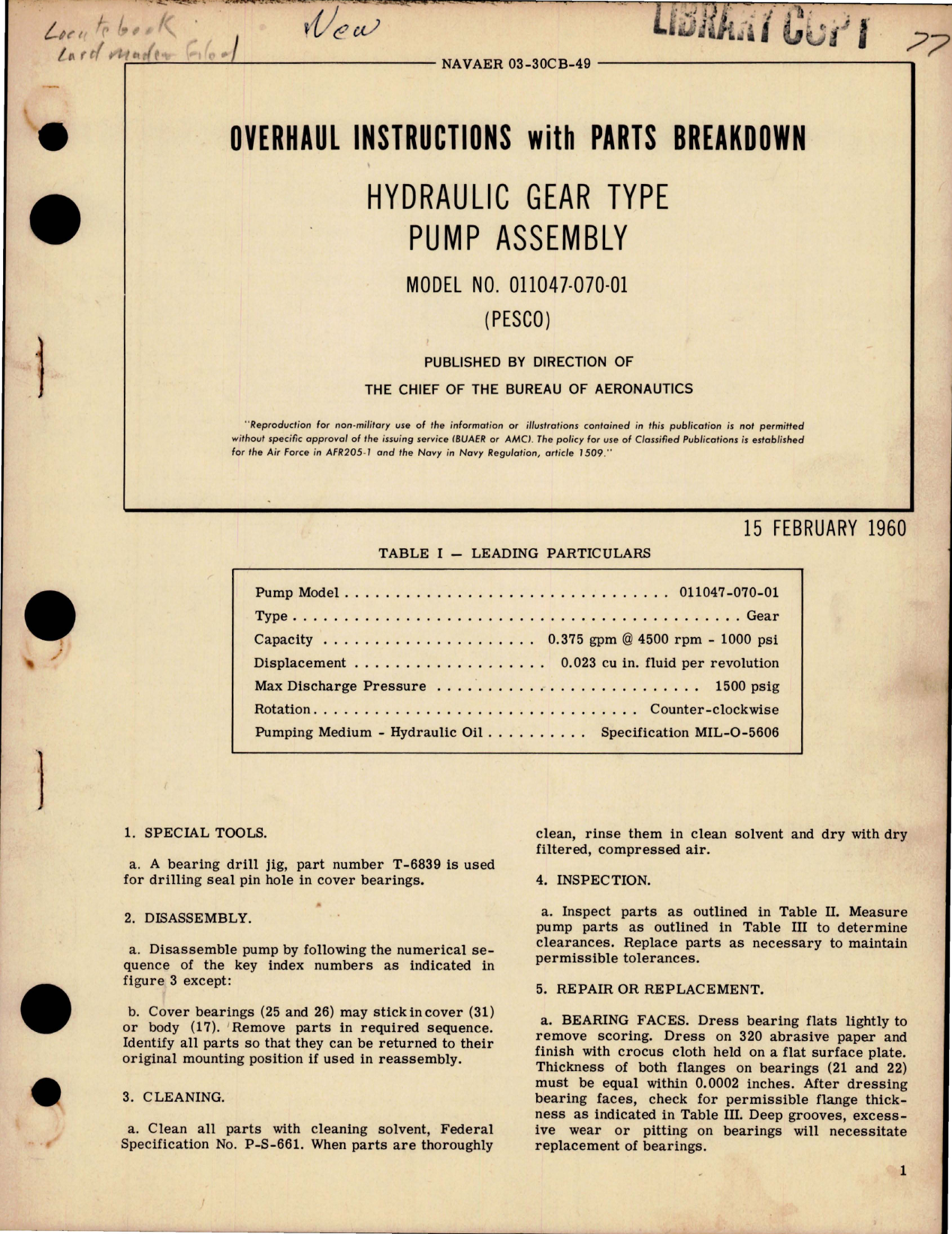 Sample page 1 from AirCorps Library document: Overhaul Instructions with Parts Breakdown for Hydraulic Gear Type Pump Assembly - Model 011047-070-01 