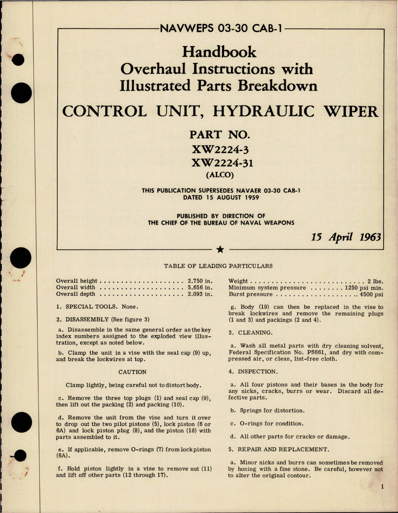 Sample page 1 from AirCorps Library document: Overhaul Instructions with Illustrated Parts Breakdown for Hydraulic Wiper Control Unit - Part XW2224-3, XW2224-31