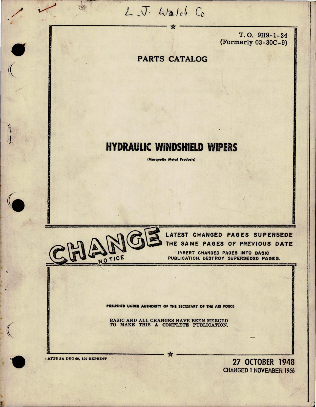 Sample page 1 from AirCorps Library document: Parts Catalog for Hydraulic Windshield Wipers 