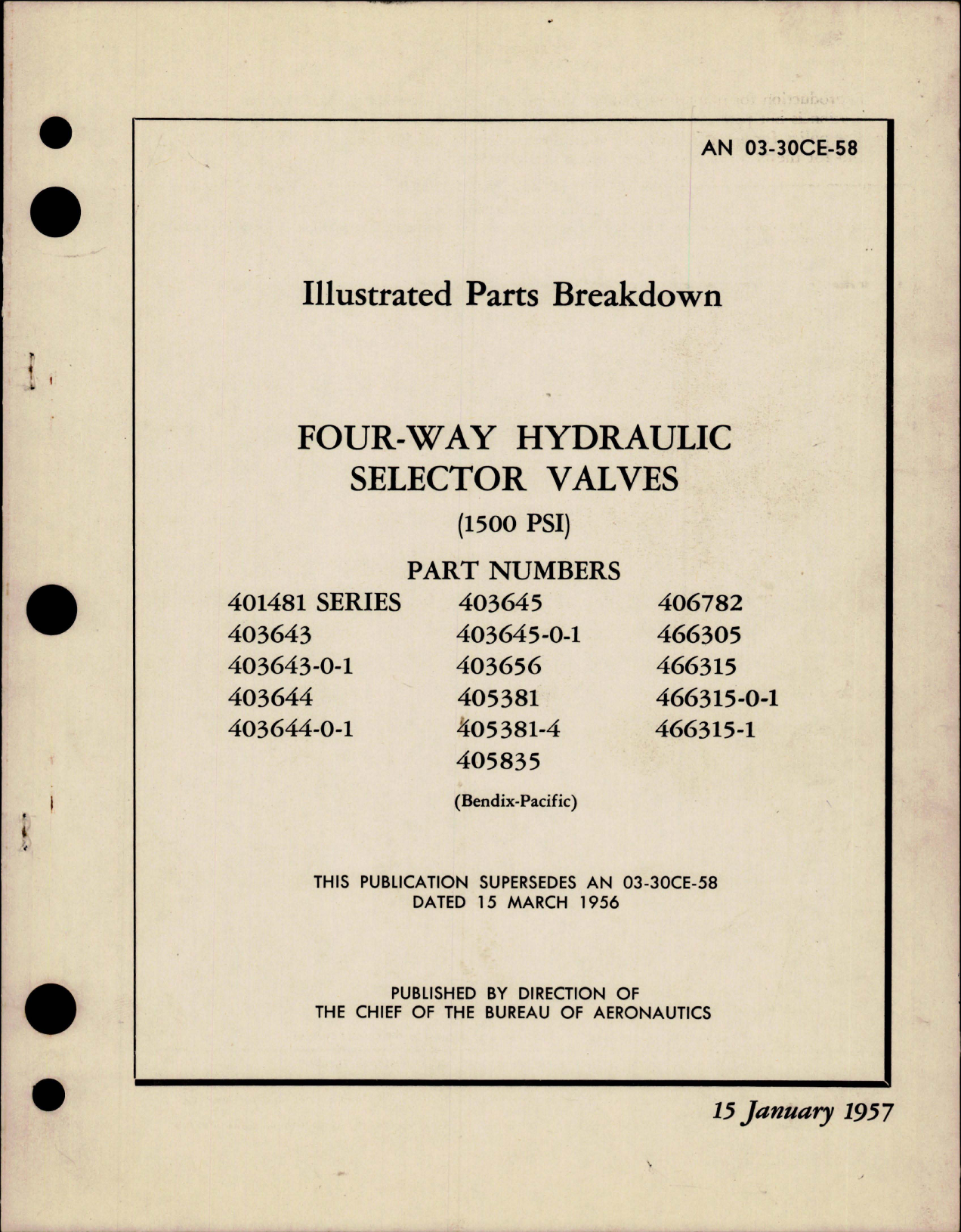 Sample page 1 from AirCorps Library document: Illustrated Parts Breakdown for Four-Way Hydraulic Selector Valves - 1500 psi