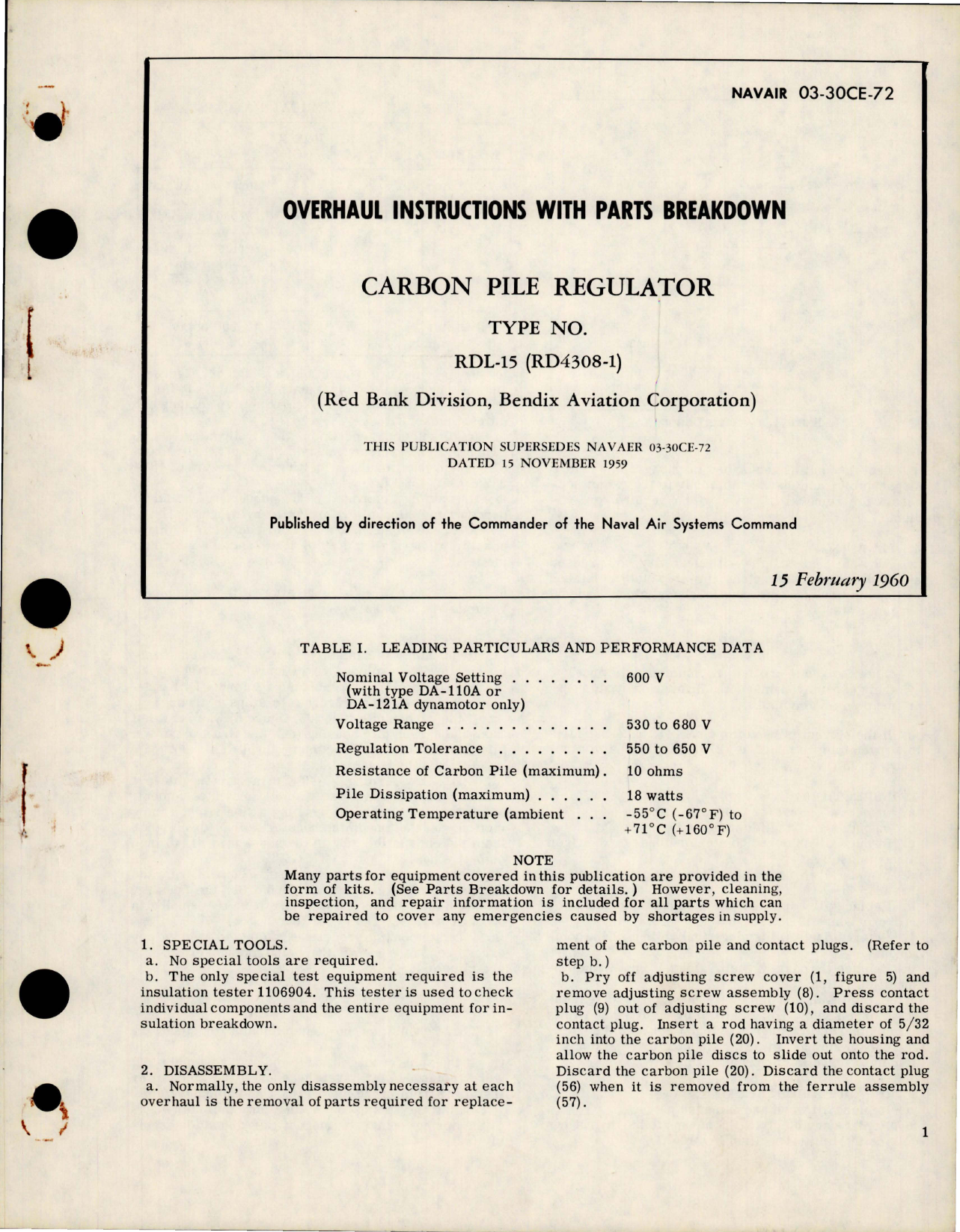 Sample page 1 from AirCorps Library document: Overhaul Instructions with Parts Breakdown for Carbon Pile Regulator - Type RDL-15 - RD4308-1