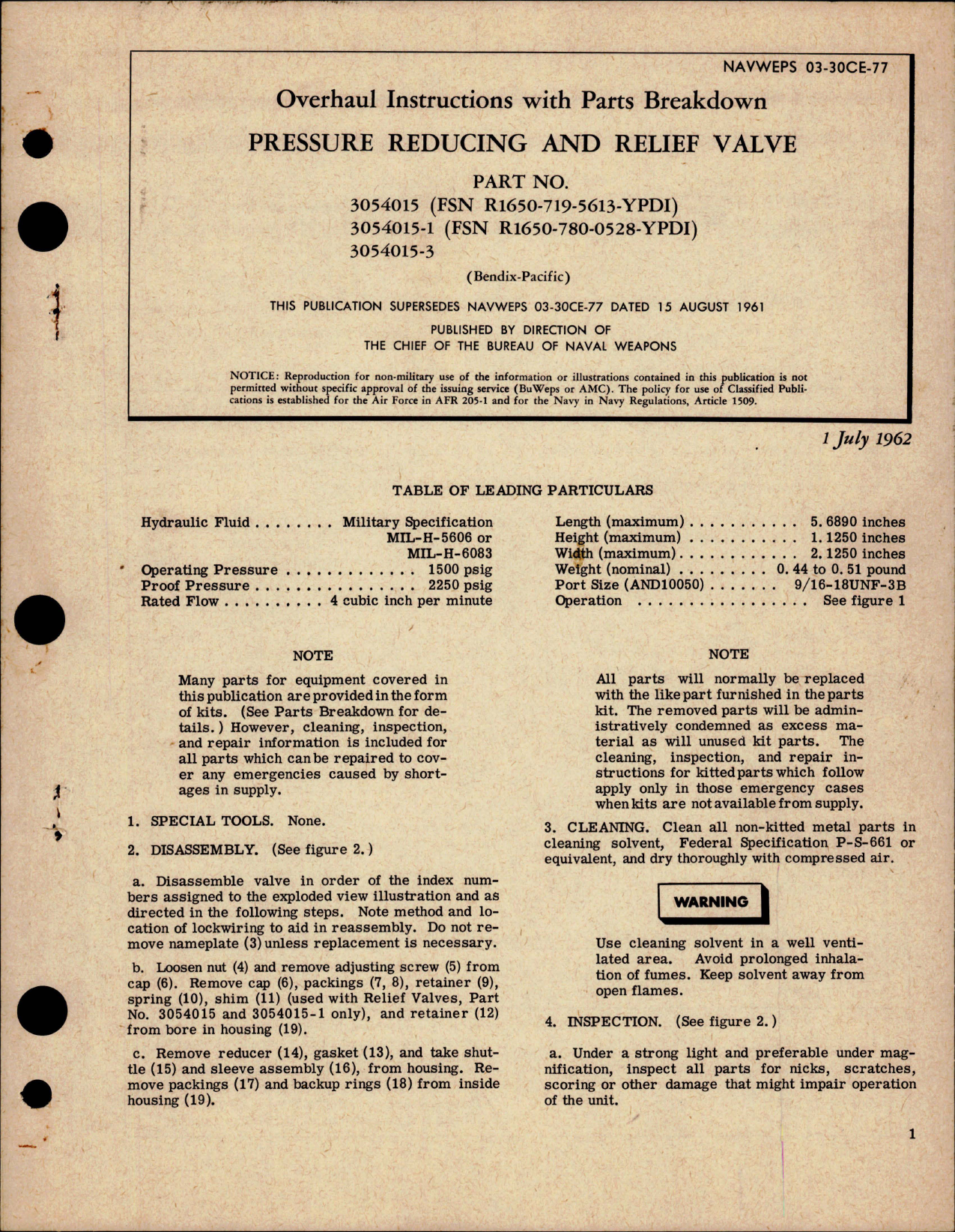 Sample page 1 from AirCorps Library document: Overhaul Instructions with Parts for Pressure Reducing and Relief Valve - Parts 3054015, 3054015-1, 3054015-3