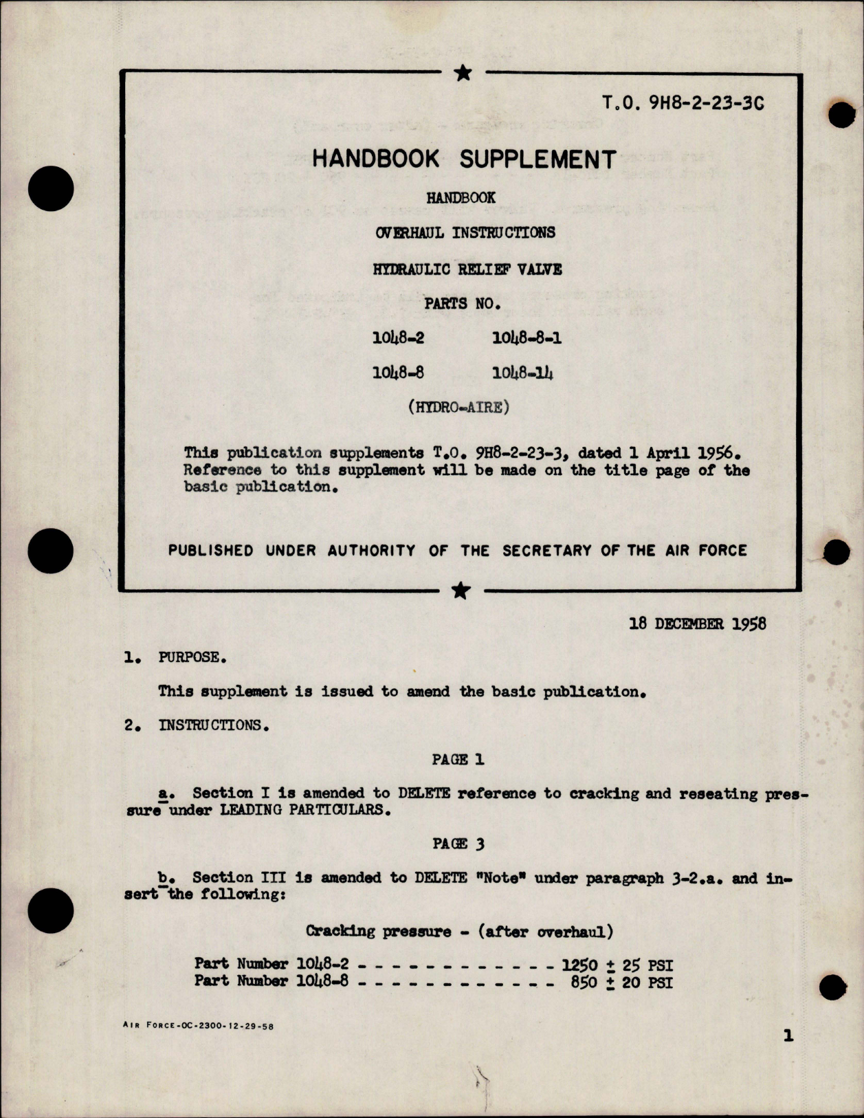 Sample page 1 from AirCorps Library document: Supplement to Overhaul Instructions for Hydraulic Relief Valve - Parts 1048-2, 1048-8, 1048-8-1, 1048-14