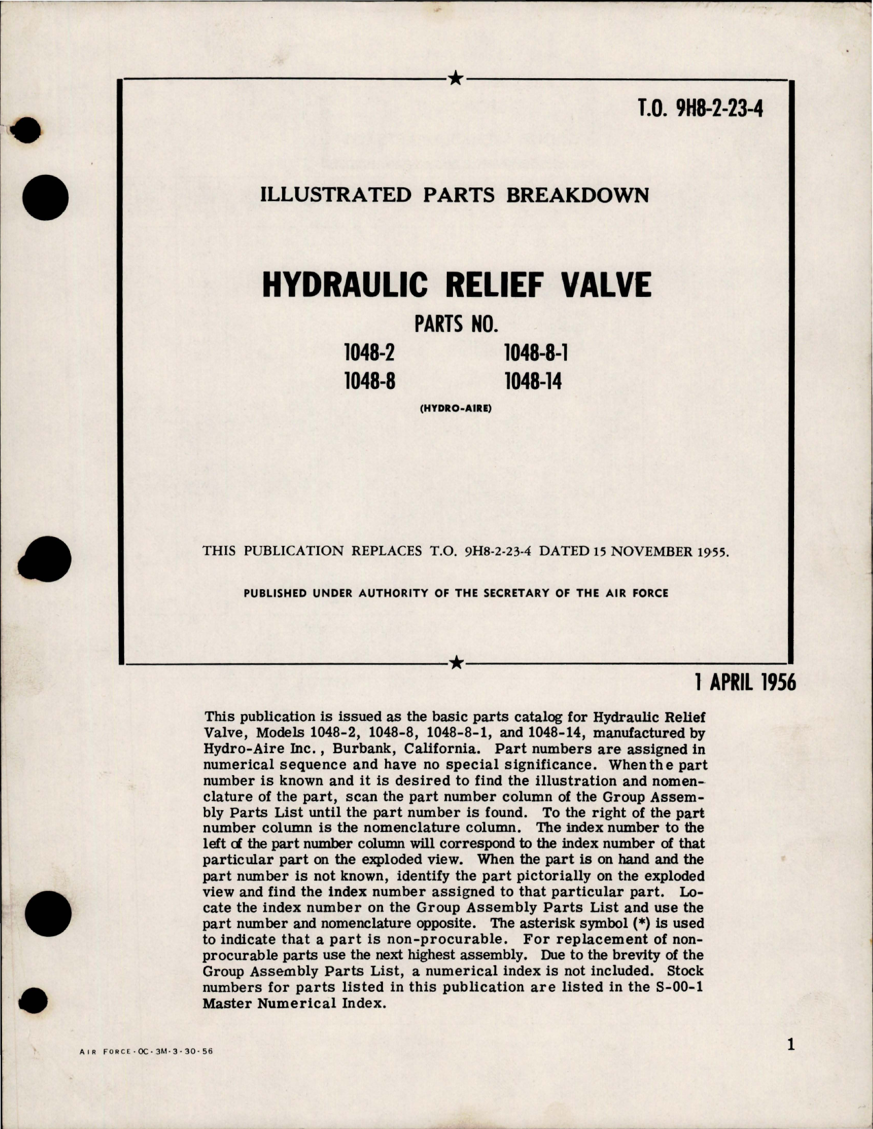 Sample page 1 from AirCorps Library document: Illustrated Parts Breakdown for Hydraulic Relief Valve - Parts 1048-2, 1048-8, 1048-8-1 and 1048-14
