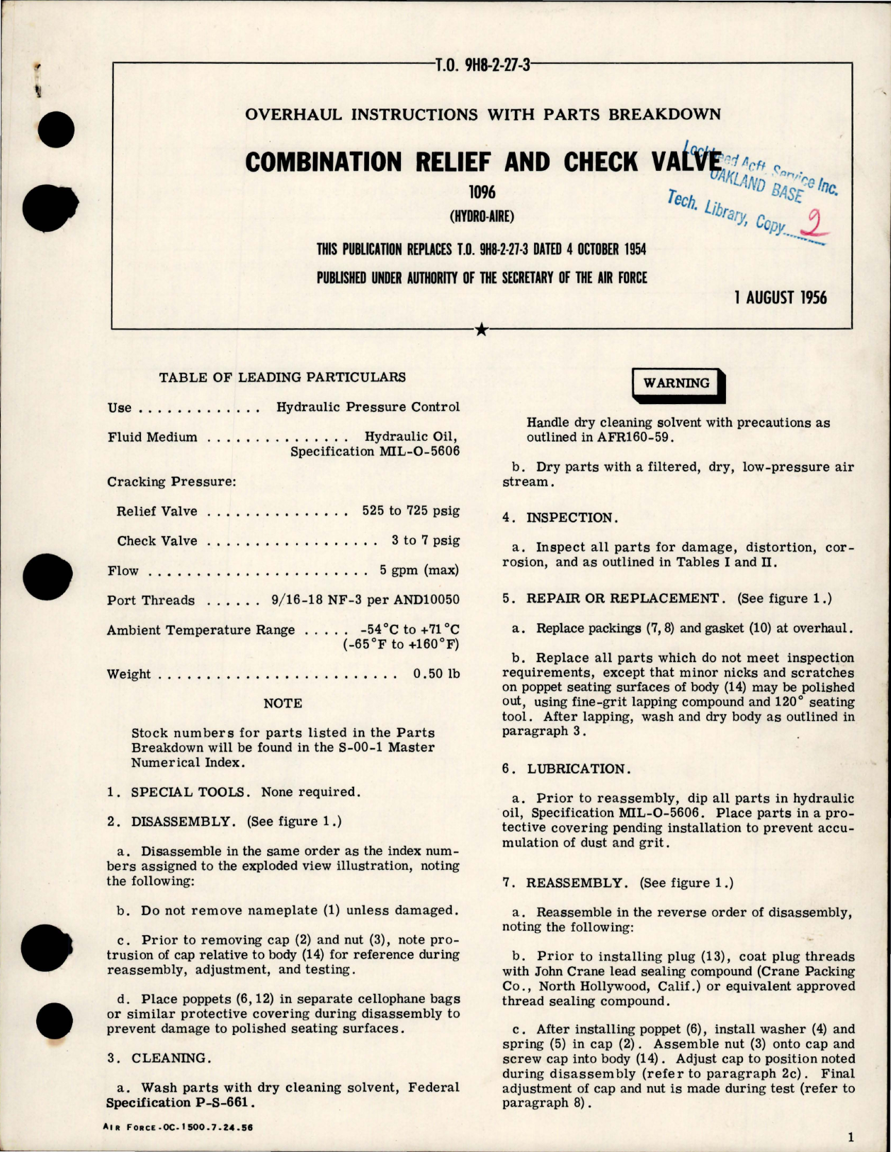 Sample page 1 from AirCorps Library document: Overhaul Instructions with Parts Breakdown for Combination Relief and Check Valve - 1096