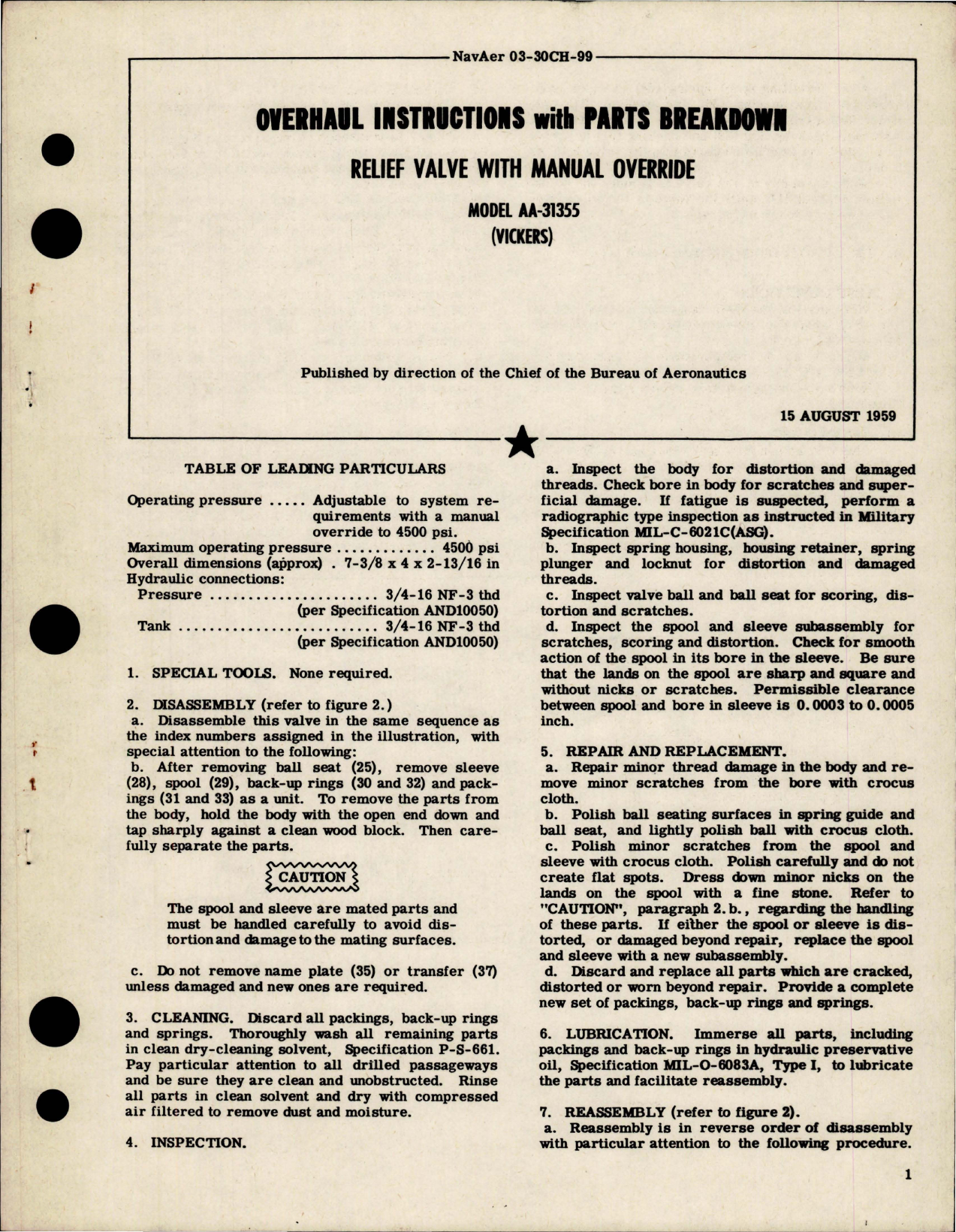 Sample page 1 from AirCorps Library document: Overhaul Instructions with Parts for Relief Valve with Manual Override - Model AA-31355 