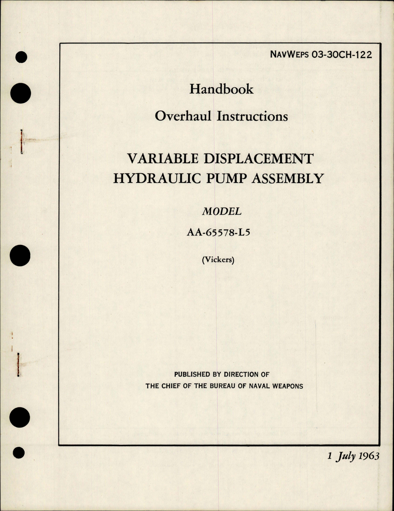 Sample page 1 from AirCorps Library document: Overhaul Instructions for Variable Displacement Hydraulic Pump Assembly - Model AA-65578-L5 