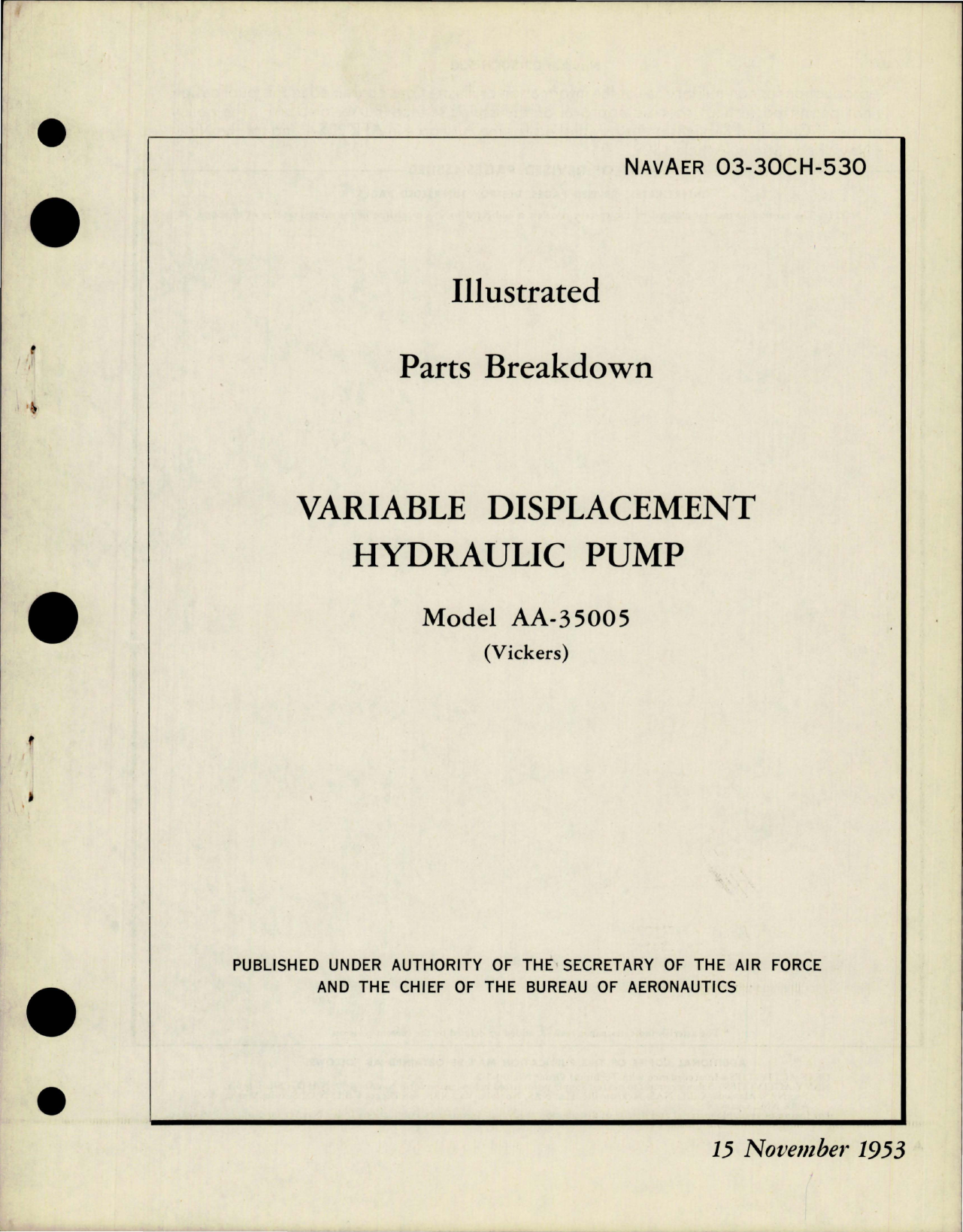 Sample page 1 from AirCorps Library document: Illustrated Parts breakdown for Variable Displacement Hydraulic Pump - Model AA-35005