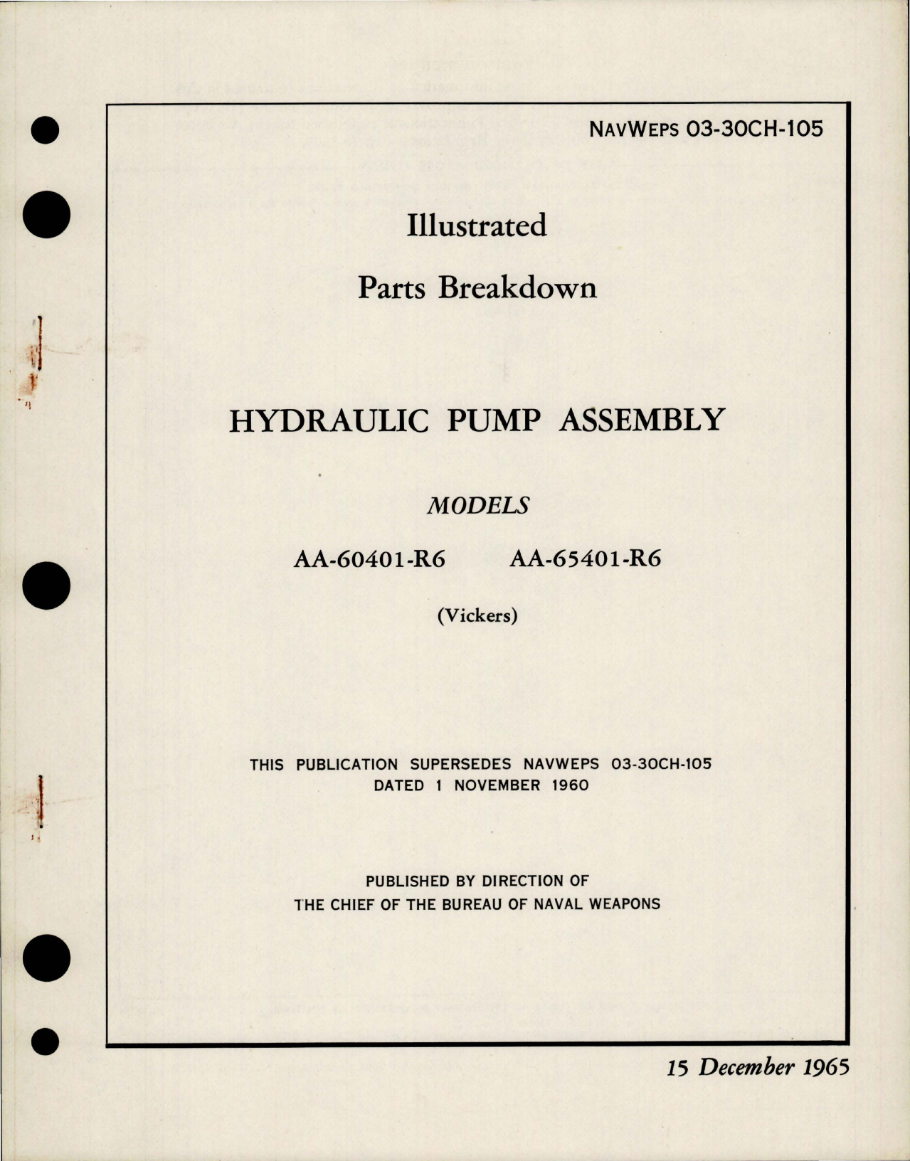 Sample page 1 from AirCorps Library document: Illustrated Parts Breakdown for Hydraulic Pump Assembly - Models AA-60401-R6 and AA-65401-R6 