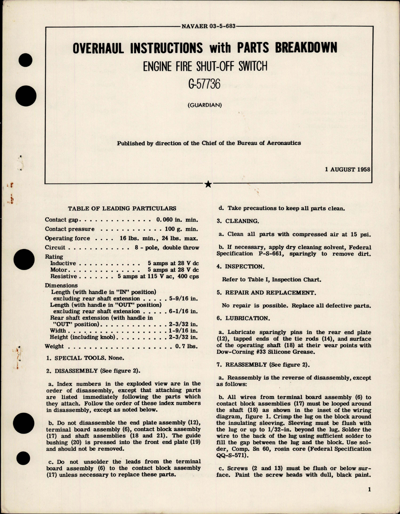 Sample page 1 from AirCorps Library document: Overhaul Instructions with Parts Breakdown for Engine Fire Shut Off  Switch - G-57736 