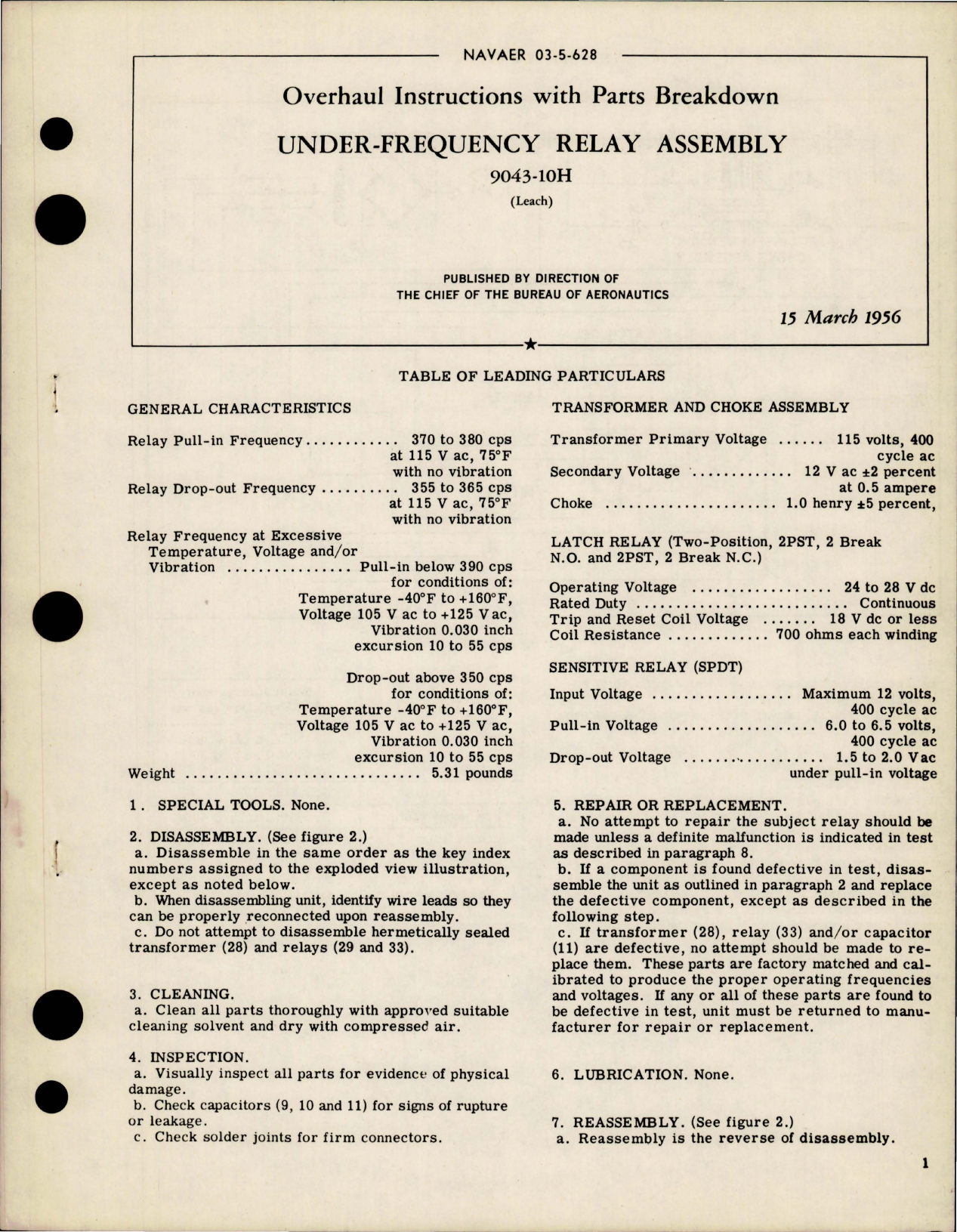 Sample page 1 from AirCorps Library document: Overhaul Instructions with Parts Breakdown for Under Frequency Relay Assembly - 9043-10H 