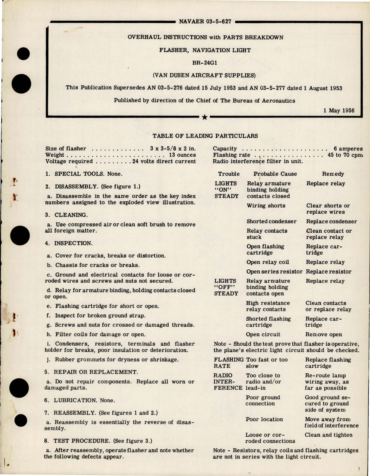 Sample page 1 from AirCorps Library document: Overhaul Instructions with Parts Breakdown for Navigation Light - Flasher - BR-24G1 