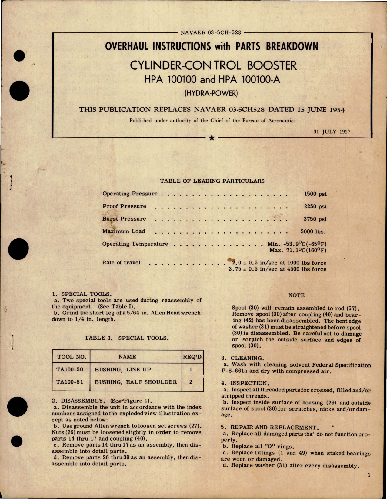 Sample page 1 from AirCorps Library document: Overhaul Instructions with Parts for Cylinder Control Booster - HPA 100100 and HPA 100100A 