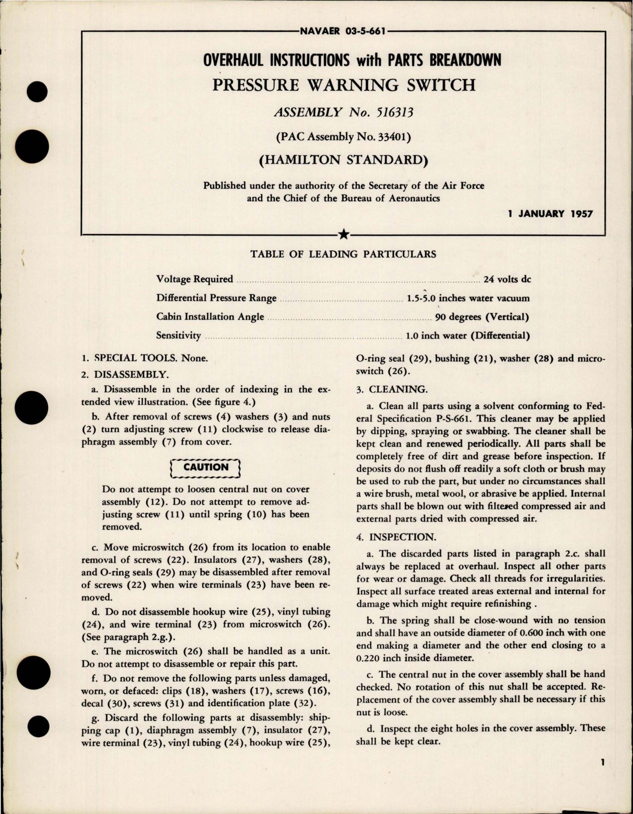 Sample page 1 from AirCorps Library document: Overhaul Instructions with Parts for Pressure Warning Switch - Assembly 516313 - PAC Assembly 33401 