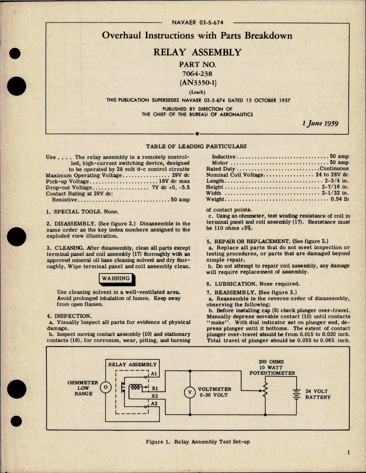 Sample page 1 from AirCorps Library document: Overhaul Instructions with Parts Breakdown for Relay Assembly - Part 7064-238 - AN3350-1 