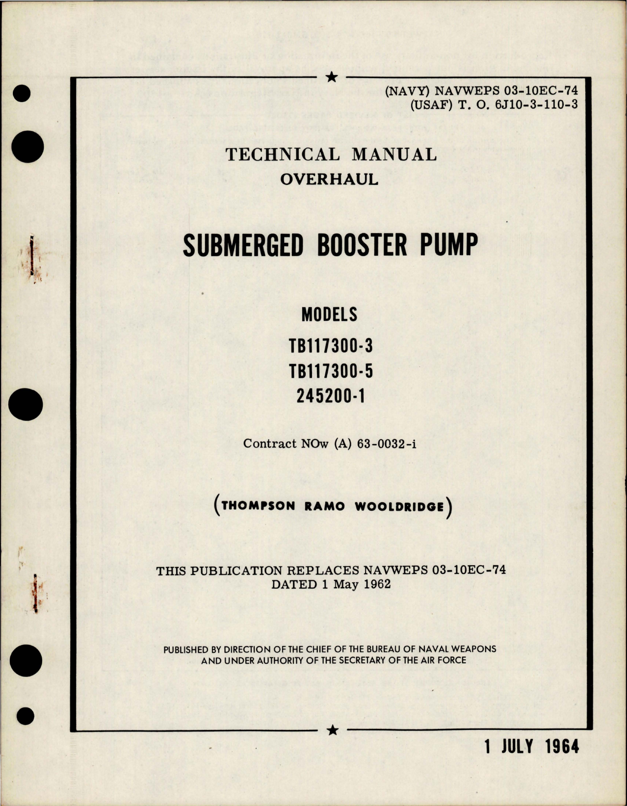 Sample page 1 from AirCorps Library document: Overhaul Instructions for Submerged Booster Pump - Models TB117300-3, TB117300-5, and 245200-1 