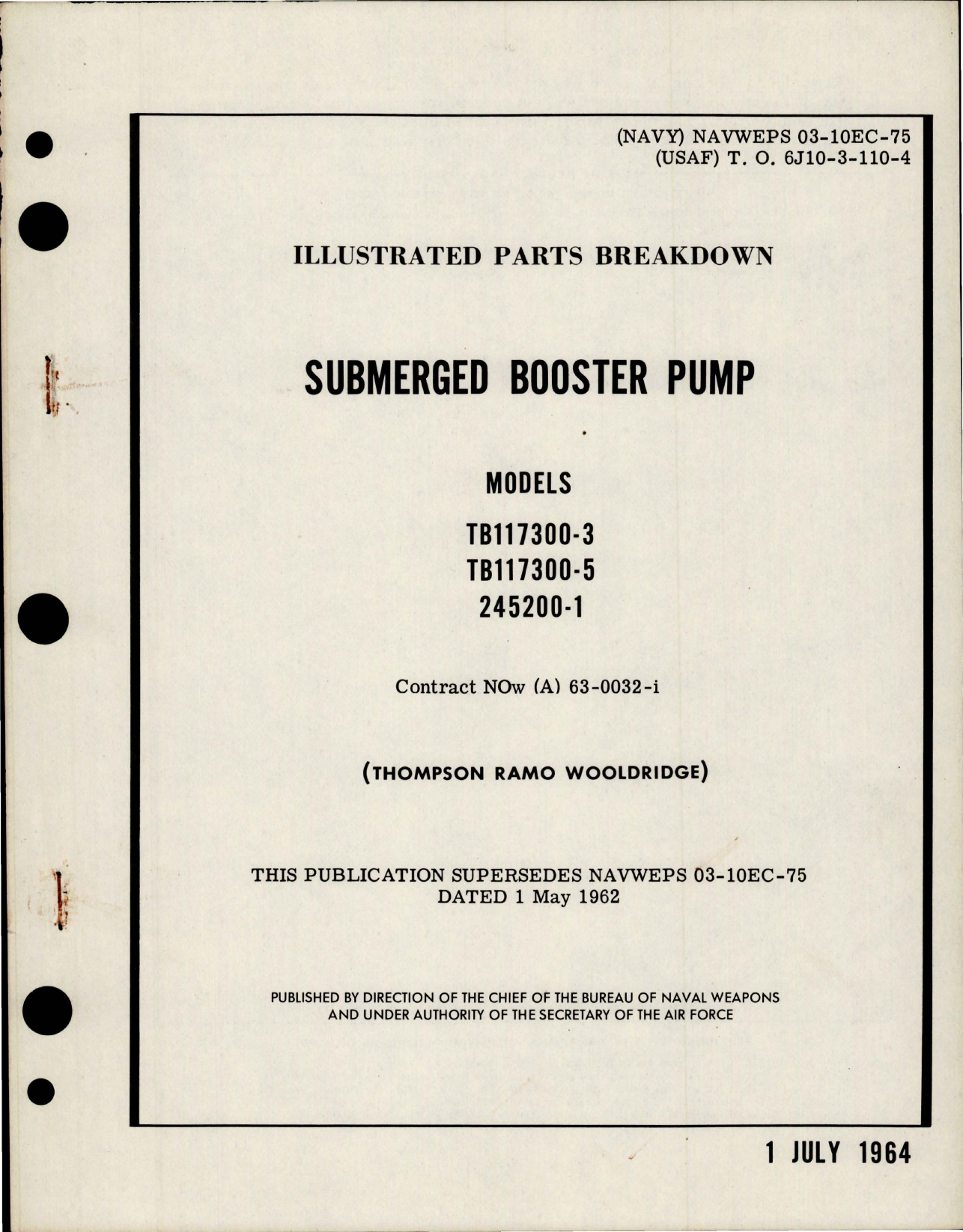Sample page 1 from AirCorps Library document: Illustrated Parts Breakdown for Submerged Booster Pump - Models TB117300-3, TB117300-5, 245200-1 
