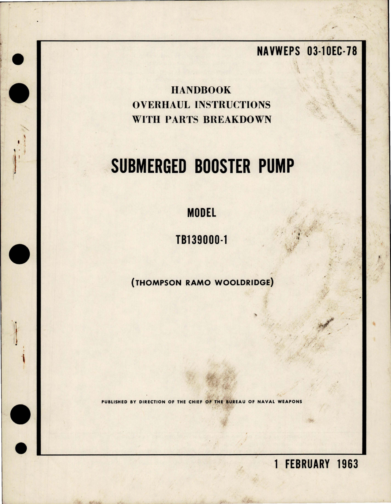 Sample page 1 from AirCorps Library document: Overhaul Instructions with Parts Breakdown for Submerged Booster Pump - Model TB139000-1