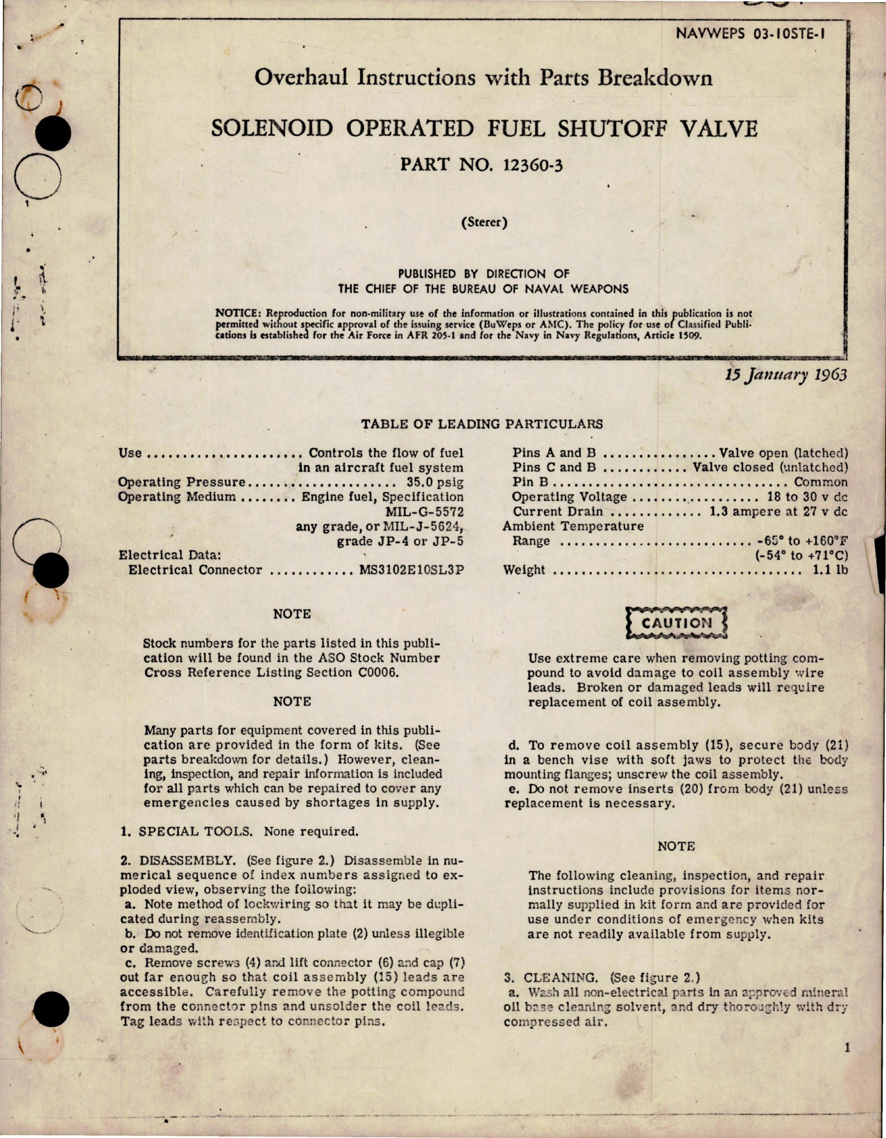 Sample page 1 from AirCorps Library document: Overhaul Instructions with Parts for Solenoid Operated Fuel Shutoff Valve - Part 12360-3 