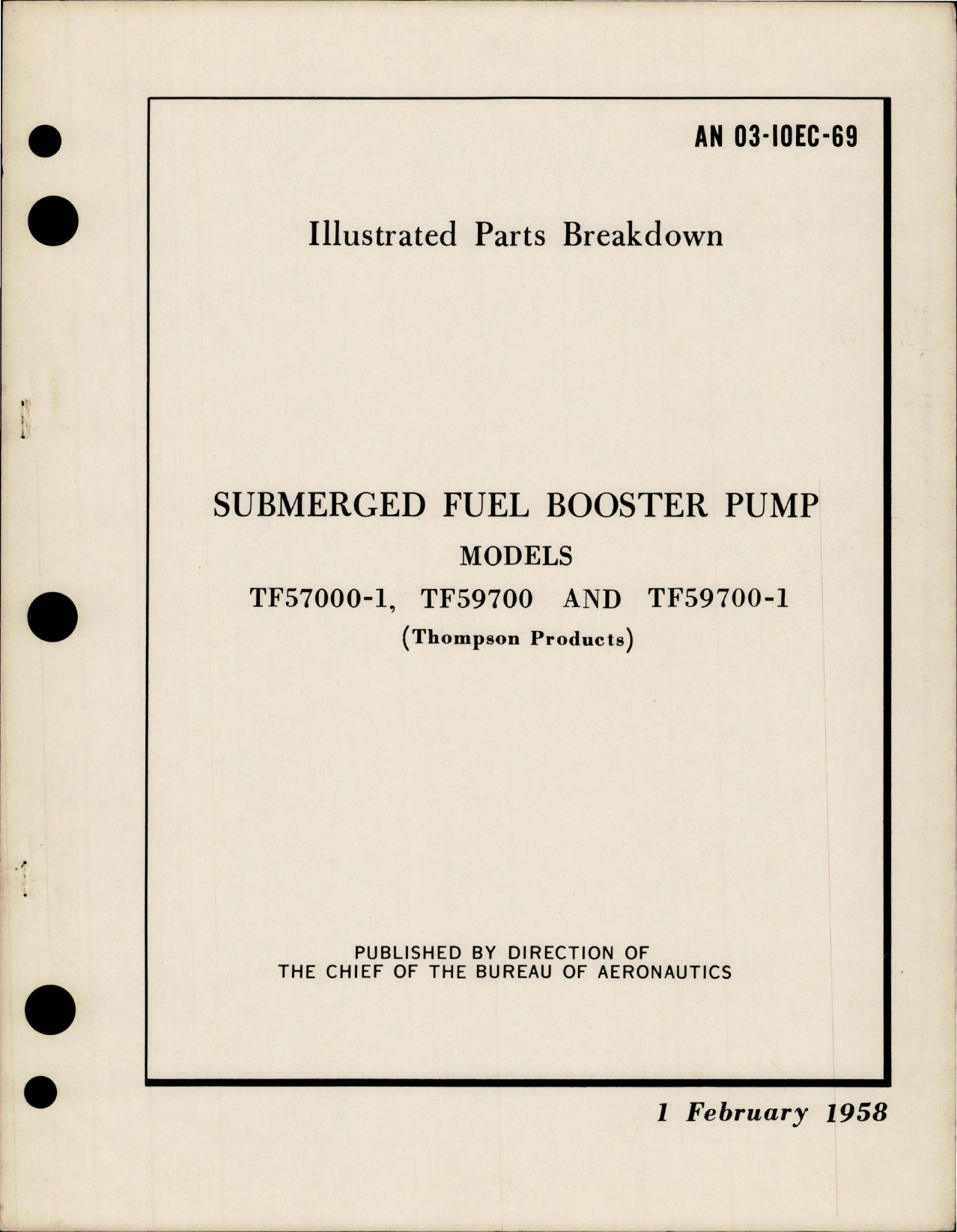 Sample page 1 from AirCorps Library document: Illustrated Parts Breakdown for Submerged Fuel Booster Pump - Models TF57000-1, TF59700 and TF59700-1