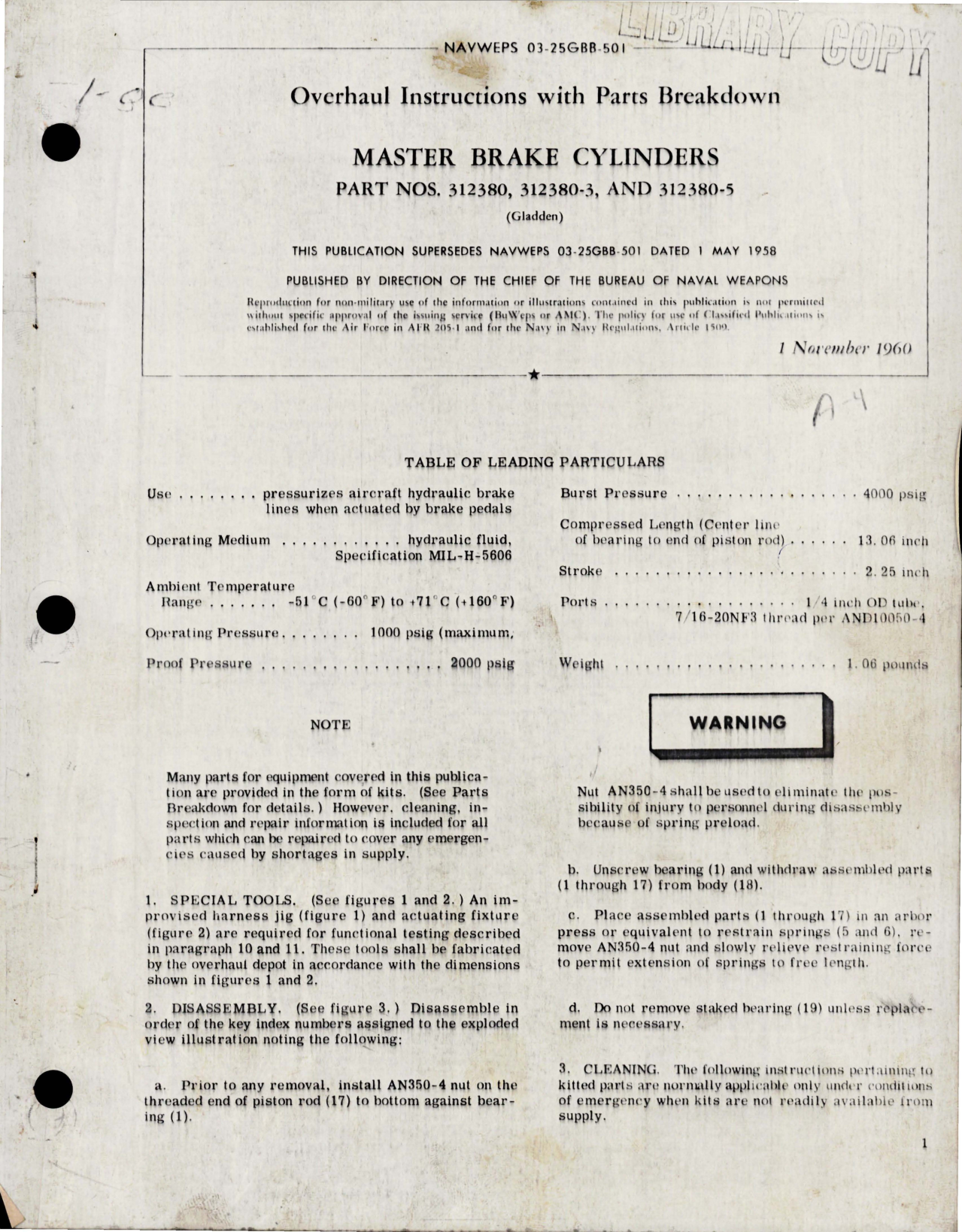 Sample page 1 from AirCorps Library document: Overhaul Instructions with Parts Breakdown for Master Brake Cylinders - Parts 312380, 312380-3 and 312380-5 