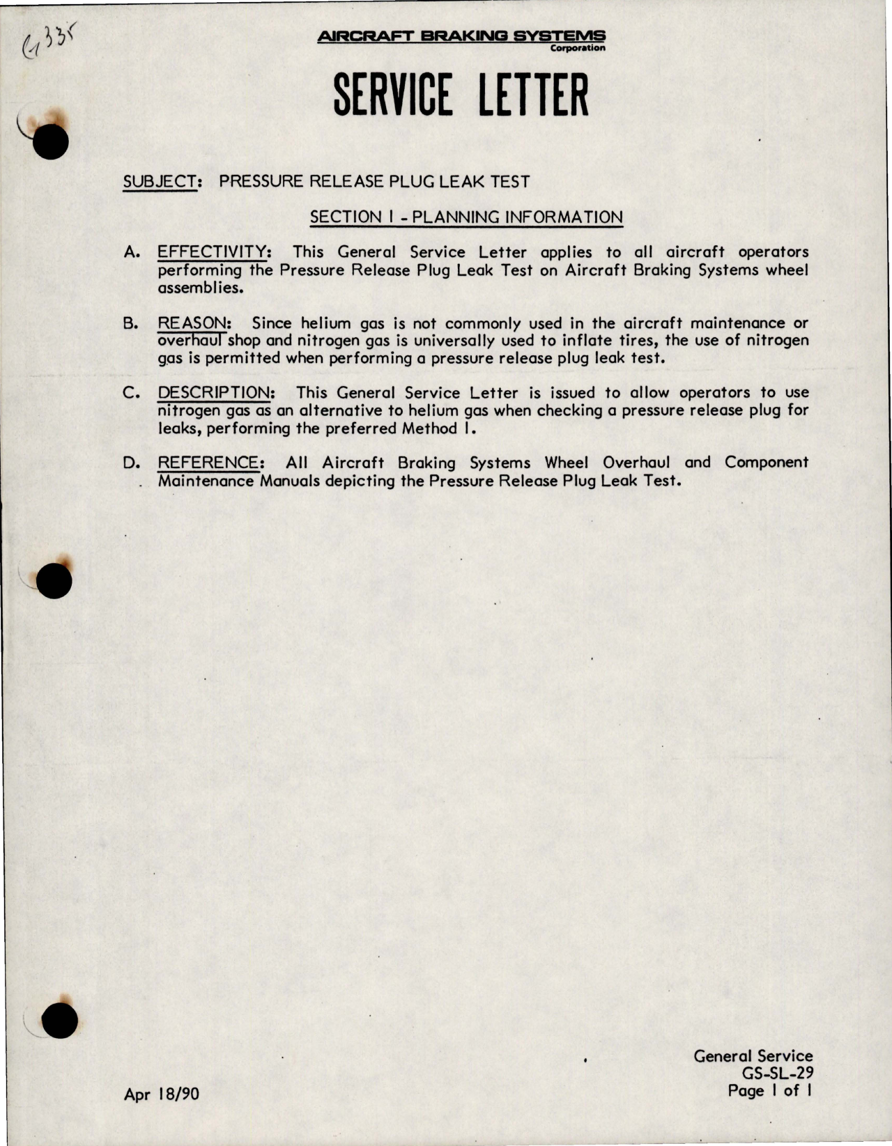 Sample page 1 from AirCorps Library document: Pressure Release Plug Leak Test 