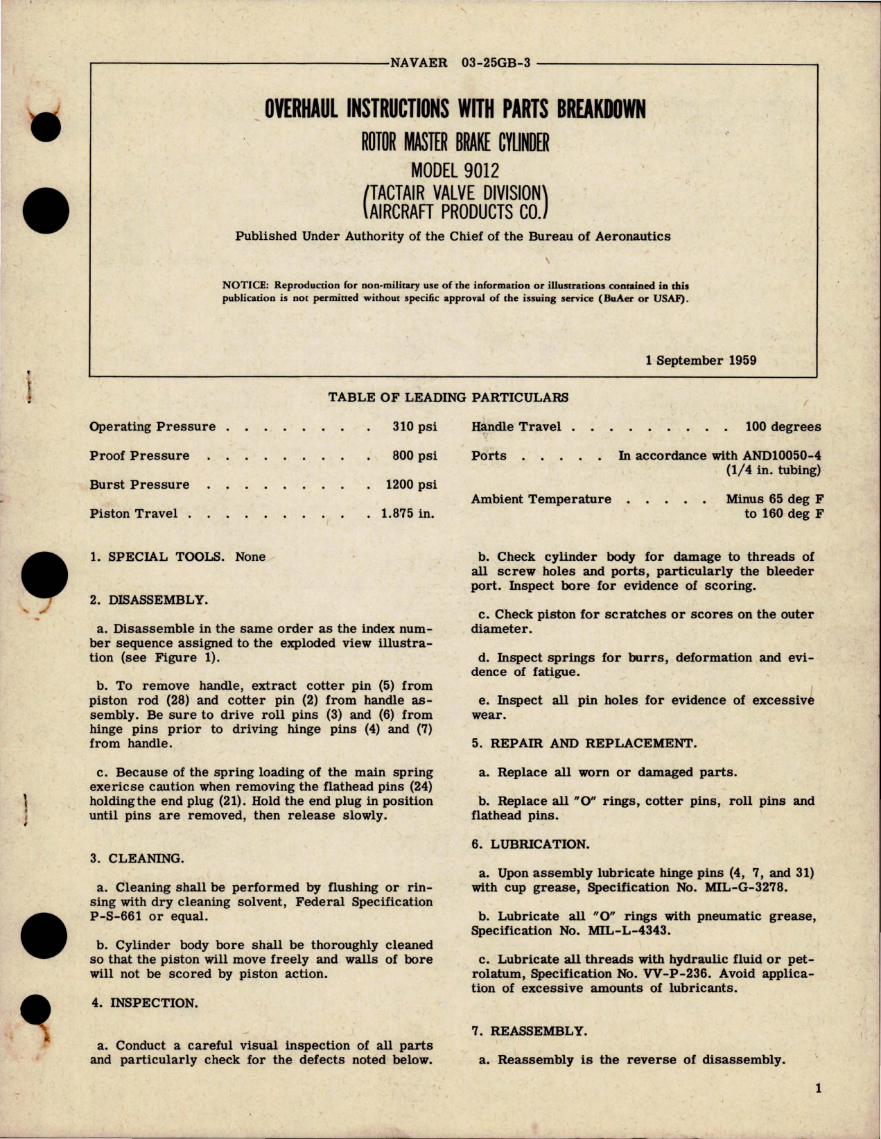 Sample page 1 from AirCorps Library document: Overhaul Instructions with Parts Breakdown for Rotor Master Brake Cylinder - Model 9012