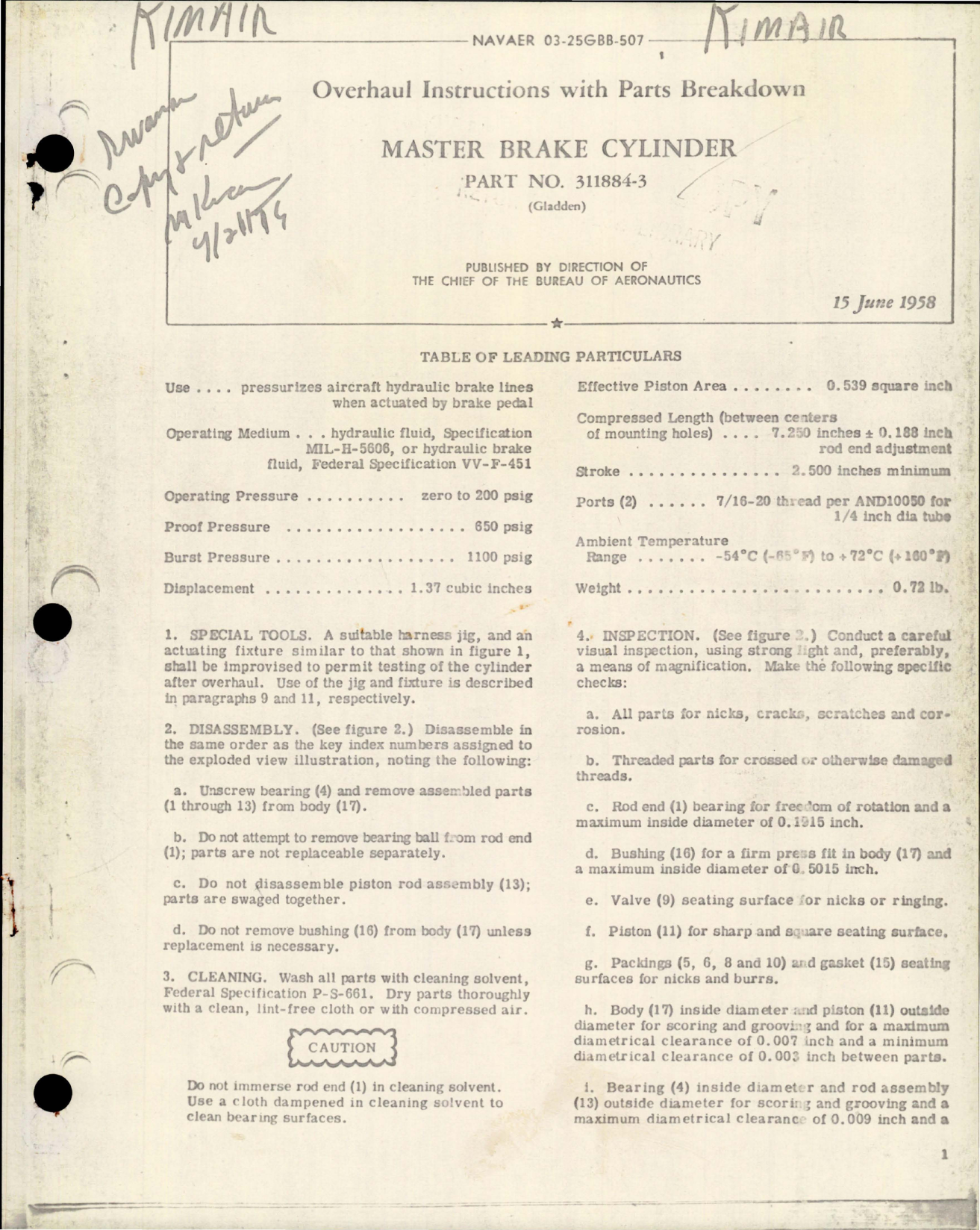 Sample page 1 from AirCorps Library document: Overhaul Instructions with Parts Breakdown for Master Brake Cylinder - Part 311884-3 