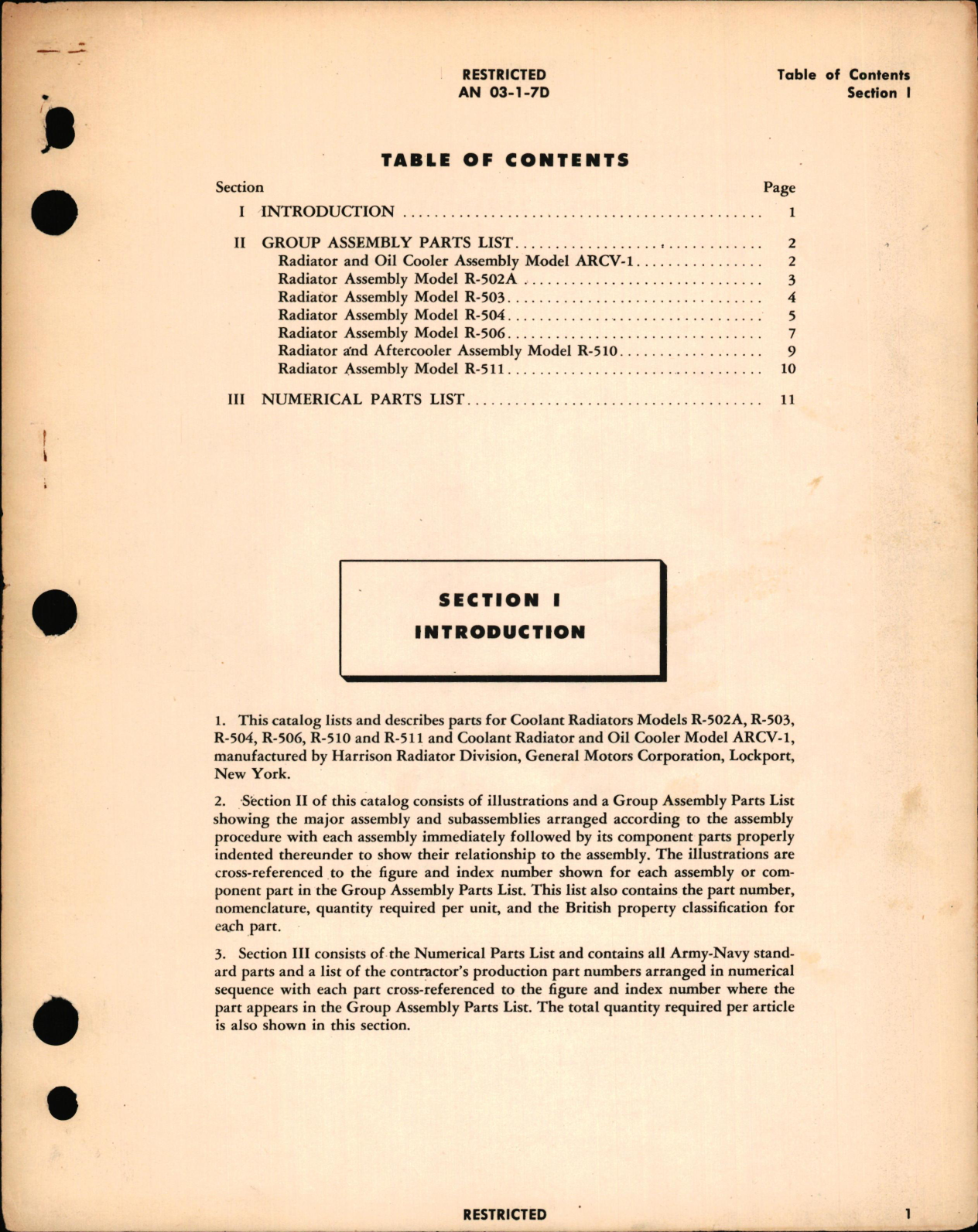 Sample page 1 from AirCorps Library document: Parts Catalog for Coolant Radiators Models R-502A, -503, -504, -506, -510, -511 & Coolant Radiator & Oil Cooler Model ARCV-1 