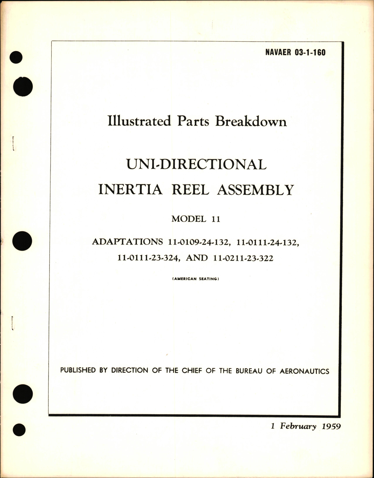 Sample page 1 from AirCorps Library document: Illustrated Parts Breakdown for Uni-Directional Inertia Reel Assembly Model 11