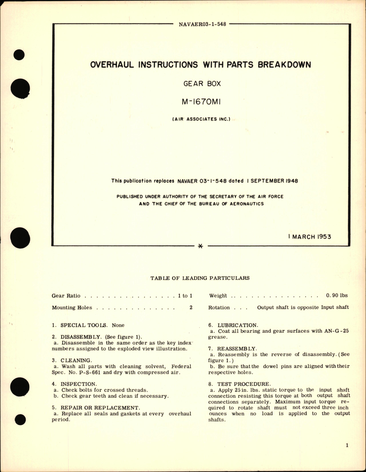 Sample page 1 from AirCorps Library document: Overhauls Instructions with Parts Breakdown for Gear Box M-1670M1
