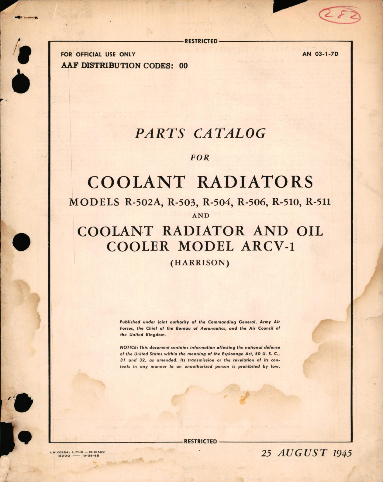 Sample page 1 from AirCorps Library document: Parts Catalog for Coolant Radiators Models R-502A, -503, -504, -506, -510, -511 & Coolant Radiator & Oil Cooler Model ARCV-1