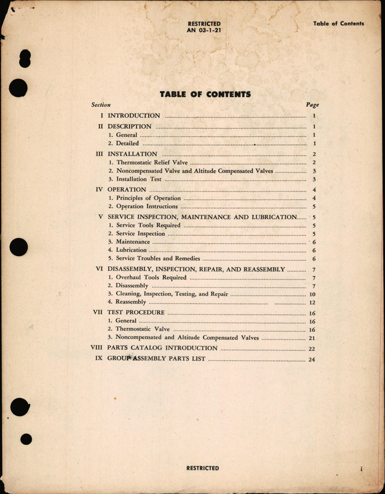 Sample page 1 from AirCorps Library document: Operation, Service, & Overhaul Instructions with Parts Catalog for Thermostatic, Noncompensated & Altitude Compensated Coolant Relief Valves