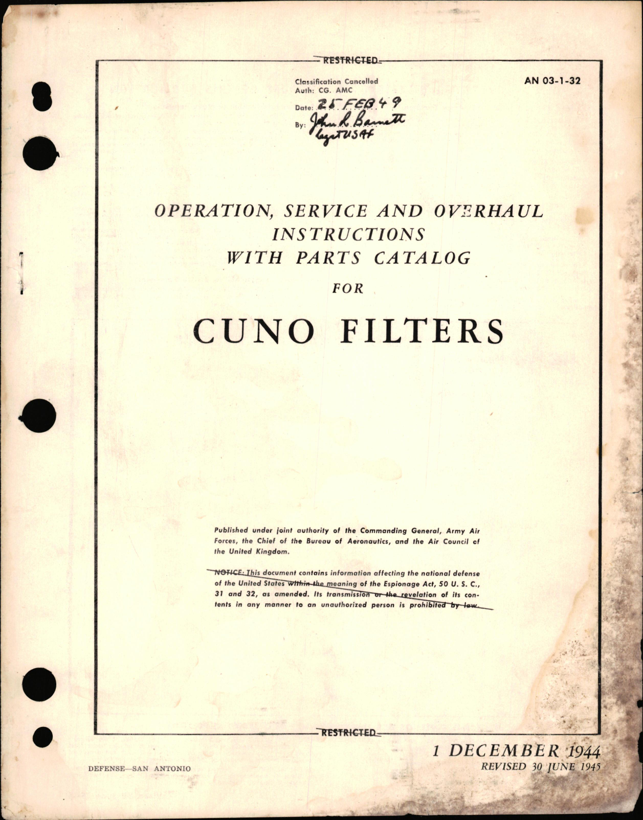 Sample page 1 from AirCorps Library document: Operation, Service, & Overhaul Instructions with Parts Catalog for Cuno Filters